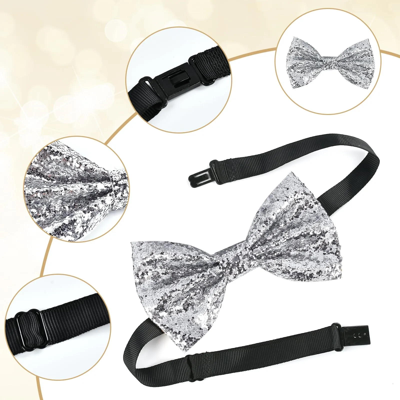 YUEXNKO Papillon Cravatta Paillettes Glitter Unisex Regolabile Argento - immagine 3