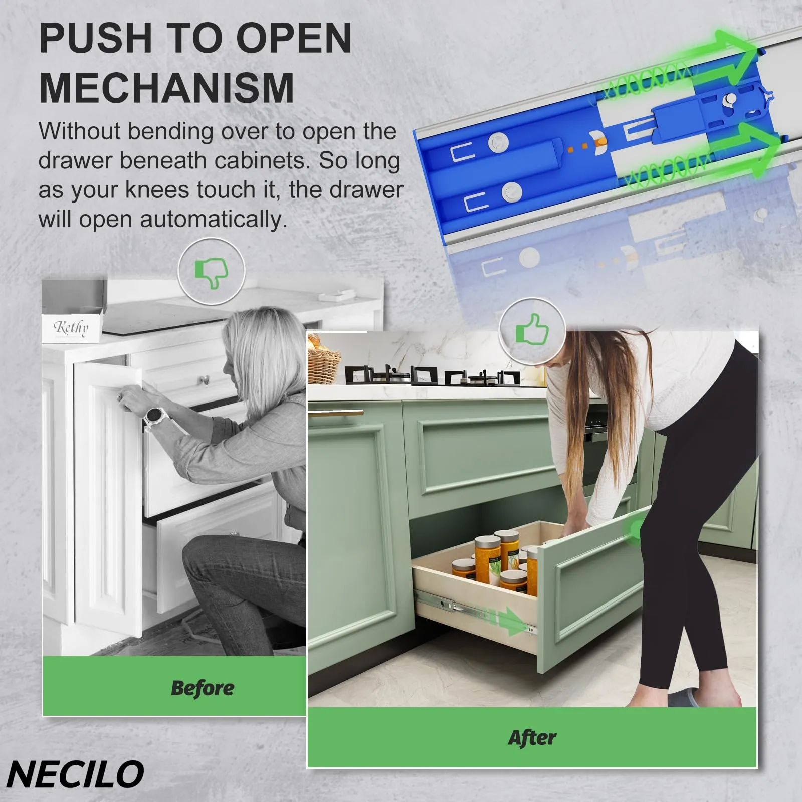 NECILO Guide Push-to-Open per Cassetti in Acciaio Inox, 550 mm, Estrazione Totale - immagine 2