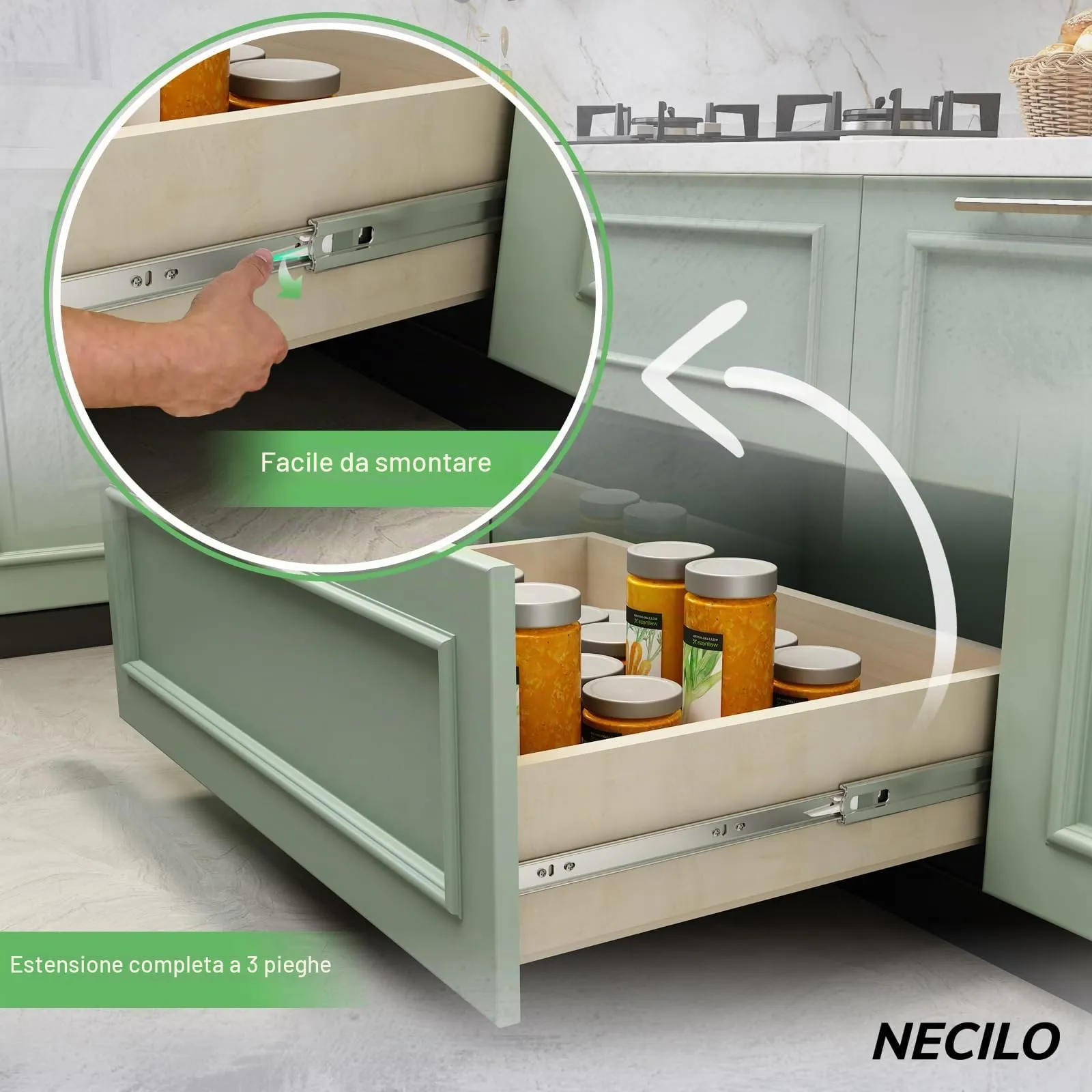 NECILO Guide Push-to-Open per Cassetti in Acciaio Inox, 550 mm, Estrazione Totale - immagine 5