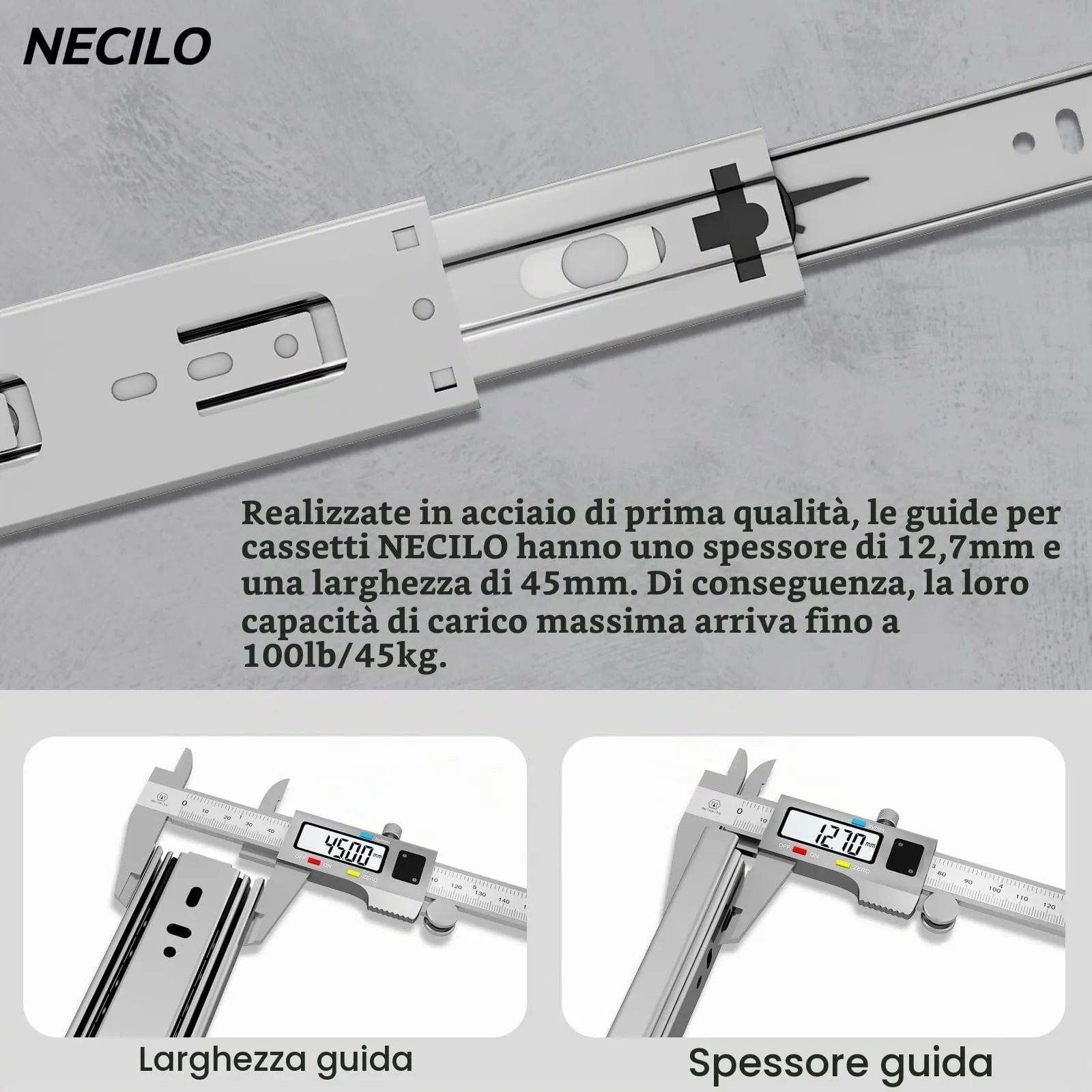 NECILO Guide per Cassetti 300 mm, Portata 45 kg, Estrazione Totale, NE-45W-300-N - immagine 2