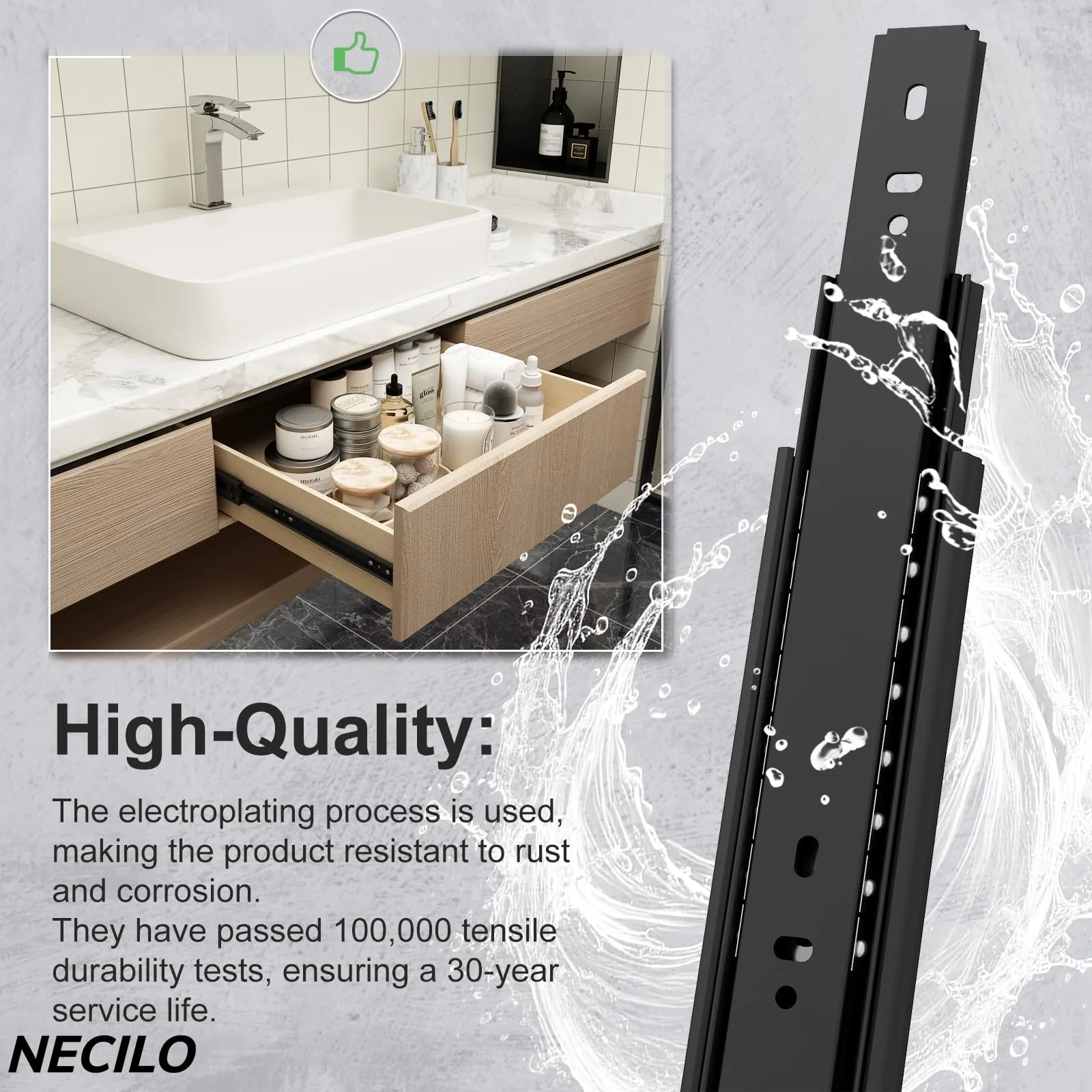 NECILO Guide per Cassetti 400 mm, Portata 45 kg, Estrazione Totale, Nero - immagine 4