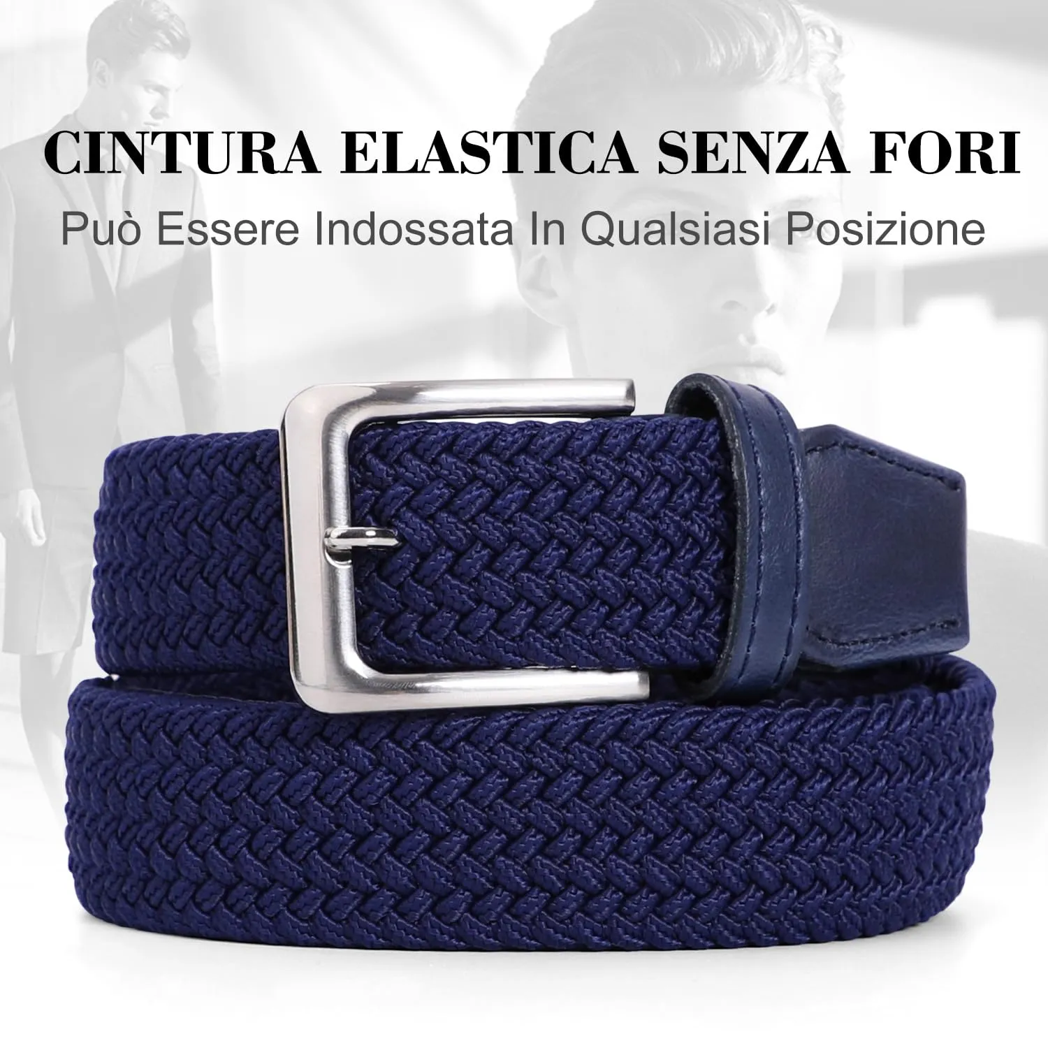 VONMELLI Cintura Elastica Intrecciata Uomo Regolabile Blu XL - immagine 5