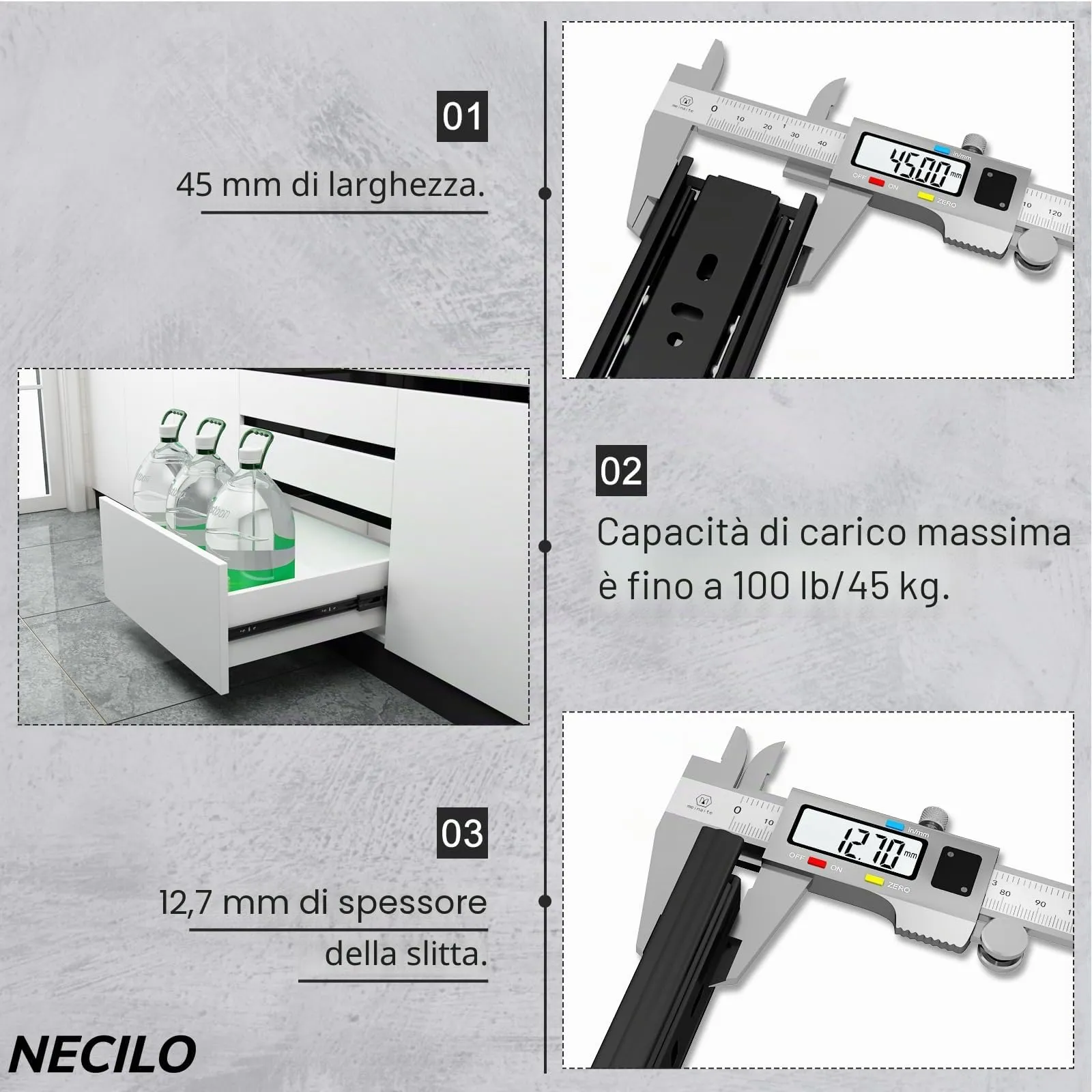 NECILO Guide Ammortizzate per Cassetti 350 mm, Estrazione Totale - immagine 4