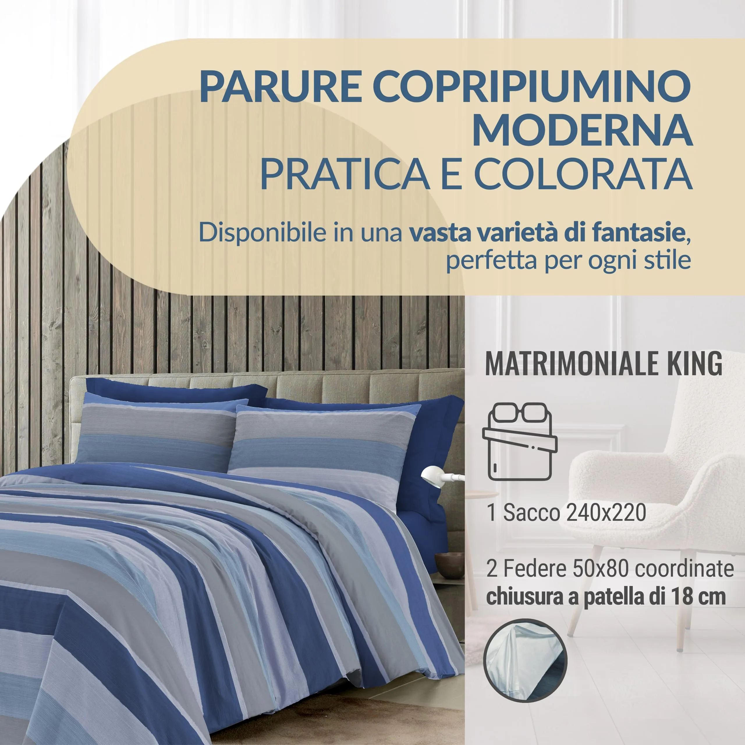 Dorian Home Copripiumino Matrimoniale Queen in Cotone 240x220 cm con 2 Federe, Garda Blu - immagine 2