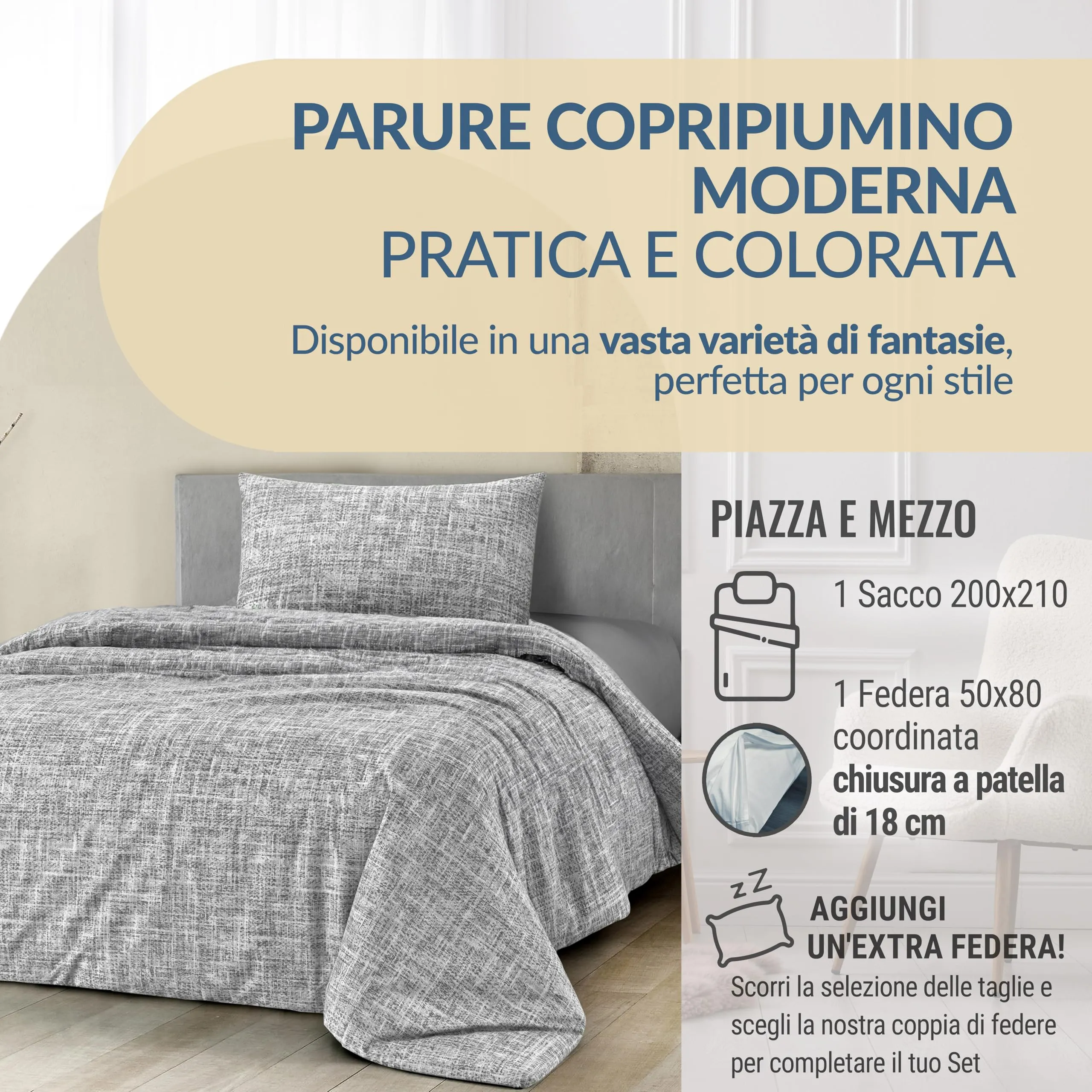 Dorian Home Set Copripiumino Una Piazza e Mezza 200x210 cm in Cotone con Federa, Canva Grigio - immagine 2