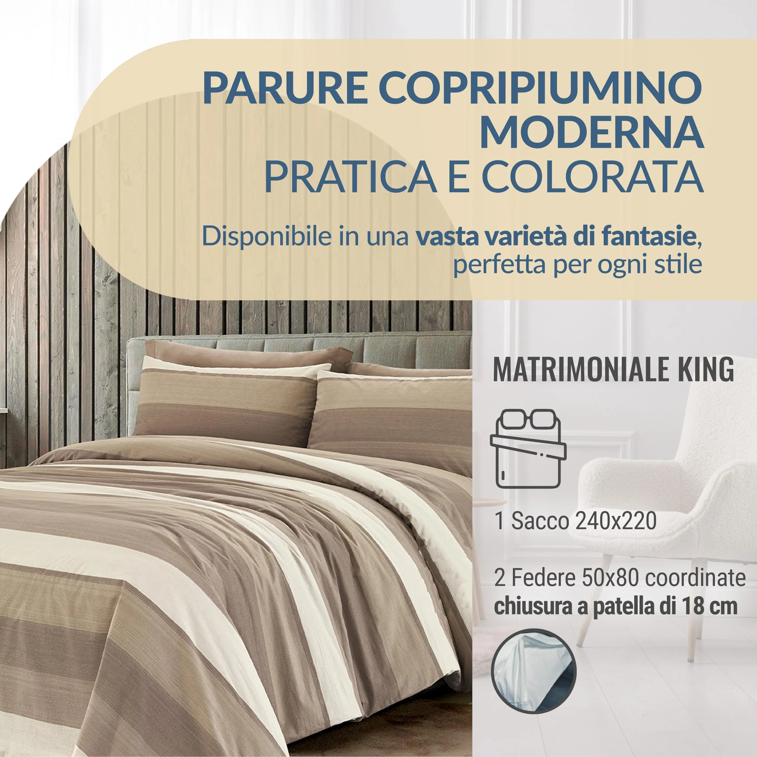 Dorian Home Set Copripiumino Matrimoniale Queen in Cotone 240x220 cm con 2 Federe, Garda Beige - immagine 2