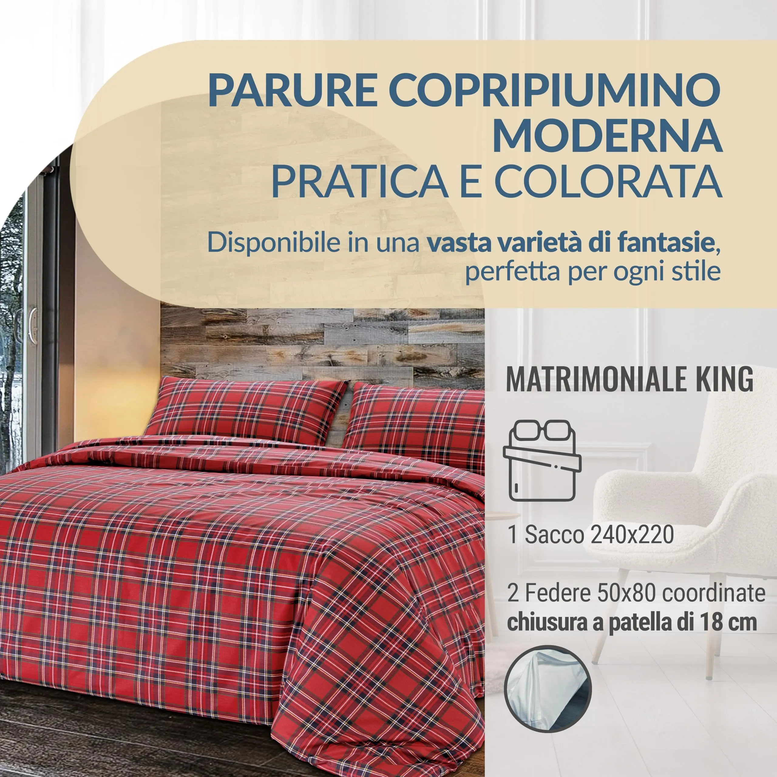 Dorian Home Copripiumino Matrimoniale Queen in Cotone 240x220 cm con 2 Federe, Scozzese Rosso - immagine 2