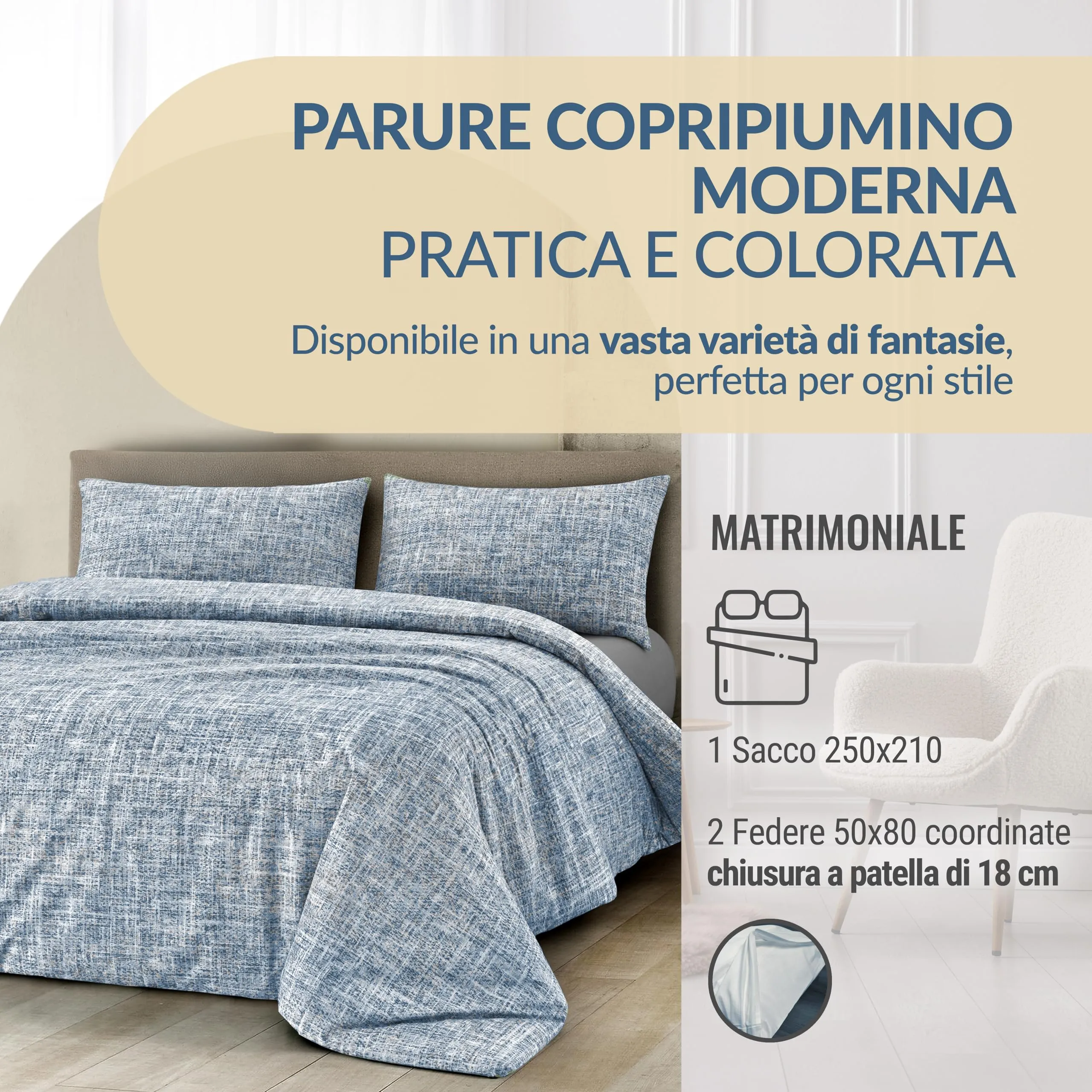 Dorian Home Copripiumino Matrimoniale in Cotone 250x210 cm con 2 Federe, Canva Blu - immagine 2