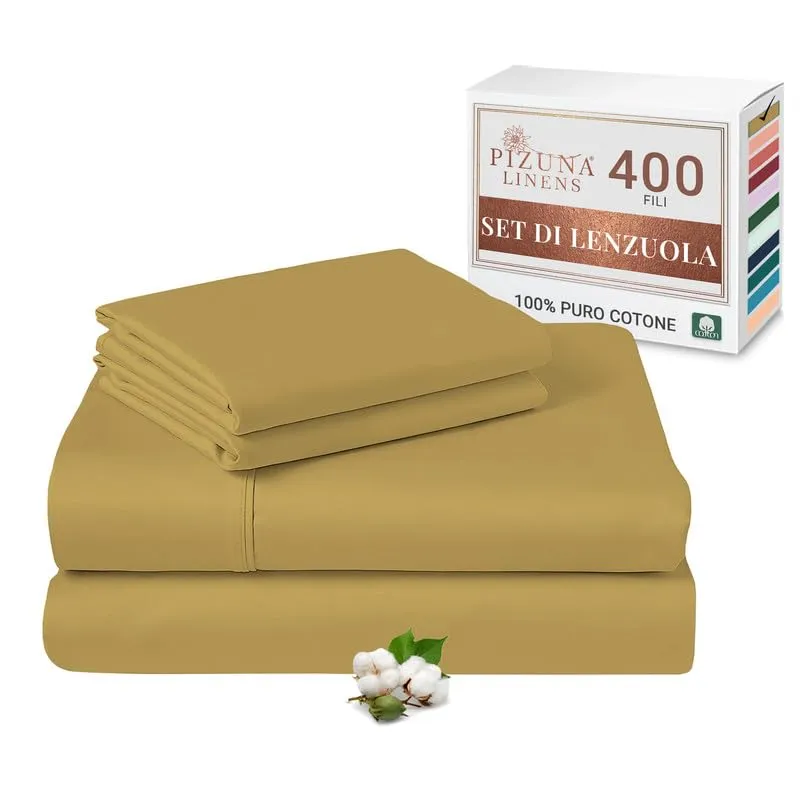 Pizuna Linens Set Lenzuola Letto King Size 160x200 cm, Cotone 400 Fili, Oro, 4 Pezzi - immagine 1