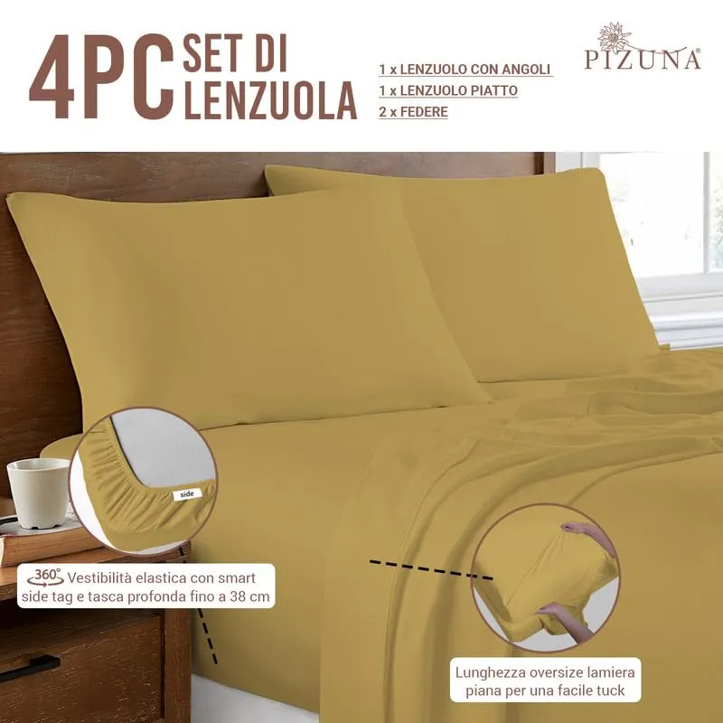 Pizuna Linens Set Lenzuola Letto King Size 160x200 cm, Cotone 400 Fili, Oro, 4 Pezzi - immagine 3