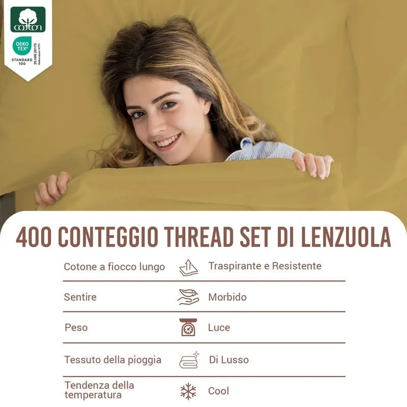 Pizuna Linens Set Lenzuola Letto King Size 160x200 cm, Cotone 400 Fili, Oro, 4 Pezzi - immagine 4