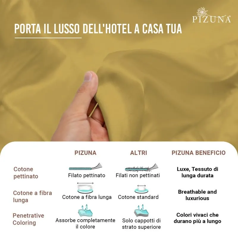 Pizuna Linens Set Lenzuola Letto King Size 160x200 cm, Cotone 400 Fili, Oro, 4 Pezzi - immagine 6
