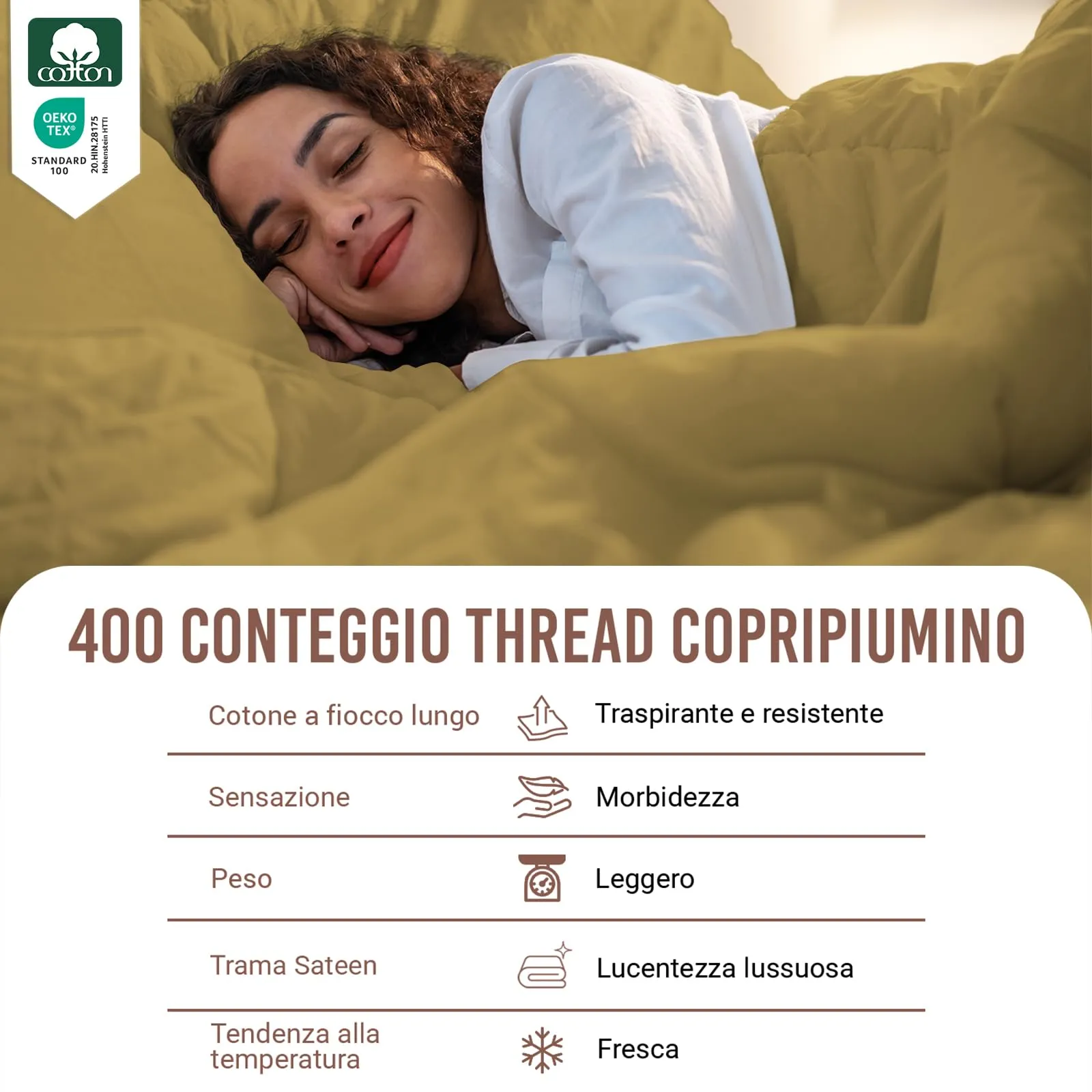 Pizuna Linens Copripiumino Singolo in Cotone 400 Fili, 150x200 cm, Oro, Set 2 Pezzi - immagine 2