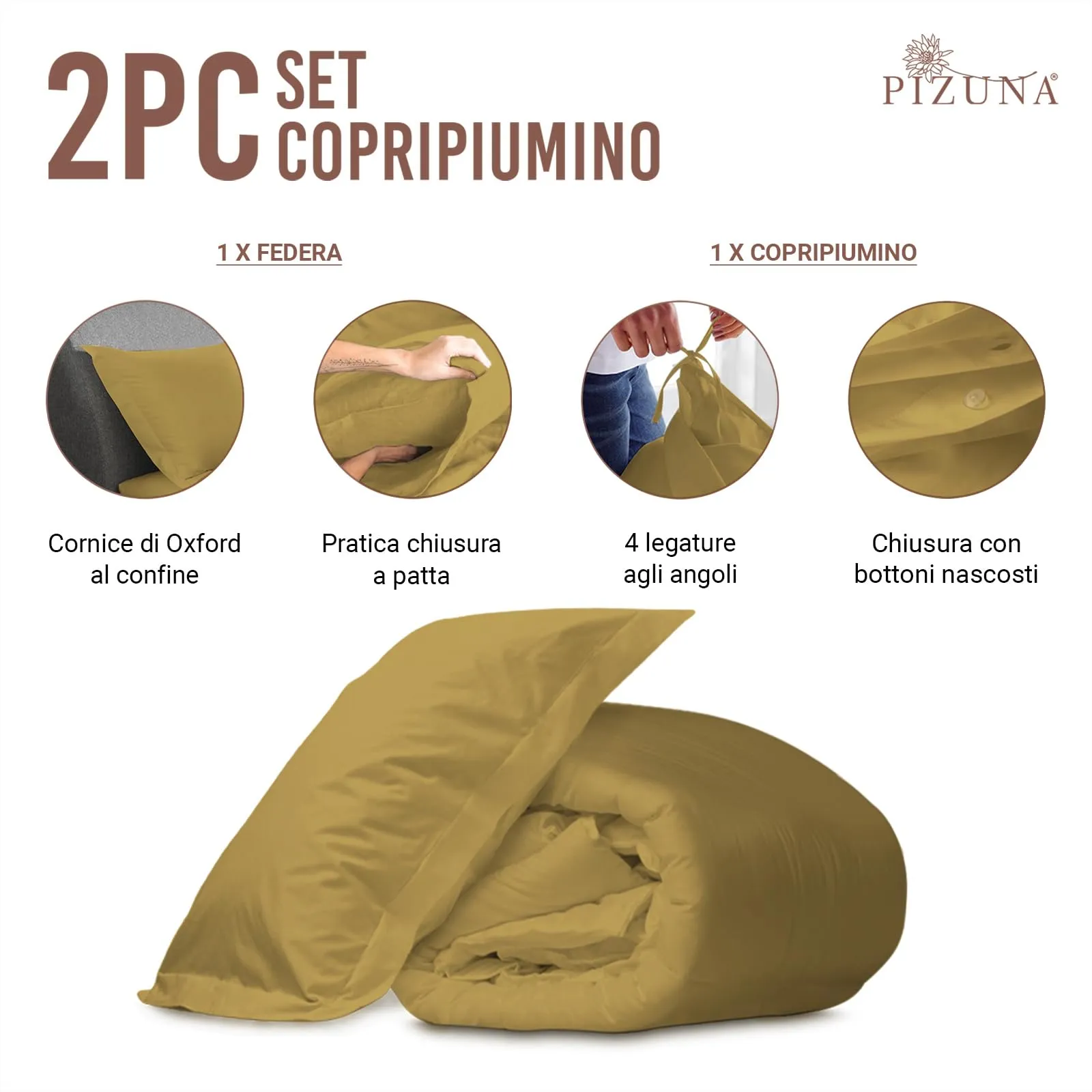 Pizuna Linens Copripiumino Singolo in Cotone 400 Fili, 150x200 cm, Oro, Set 2 Pezzi - immagine 3