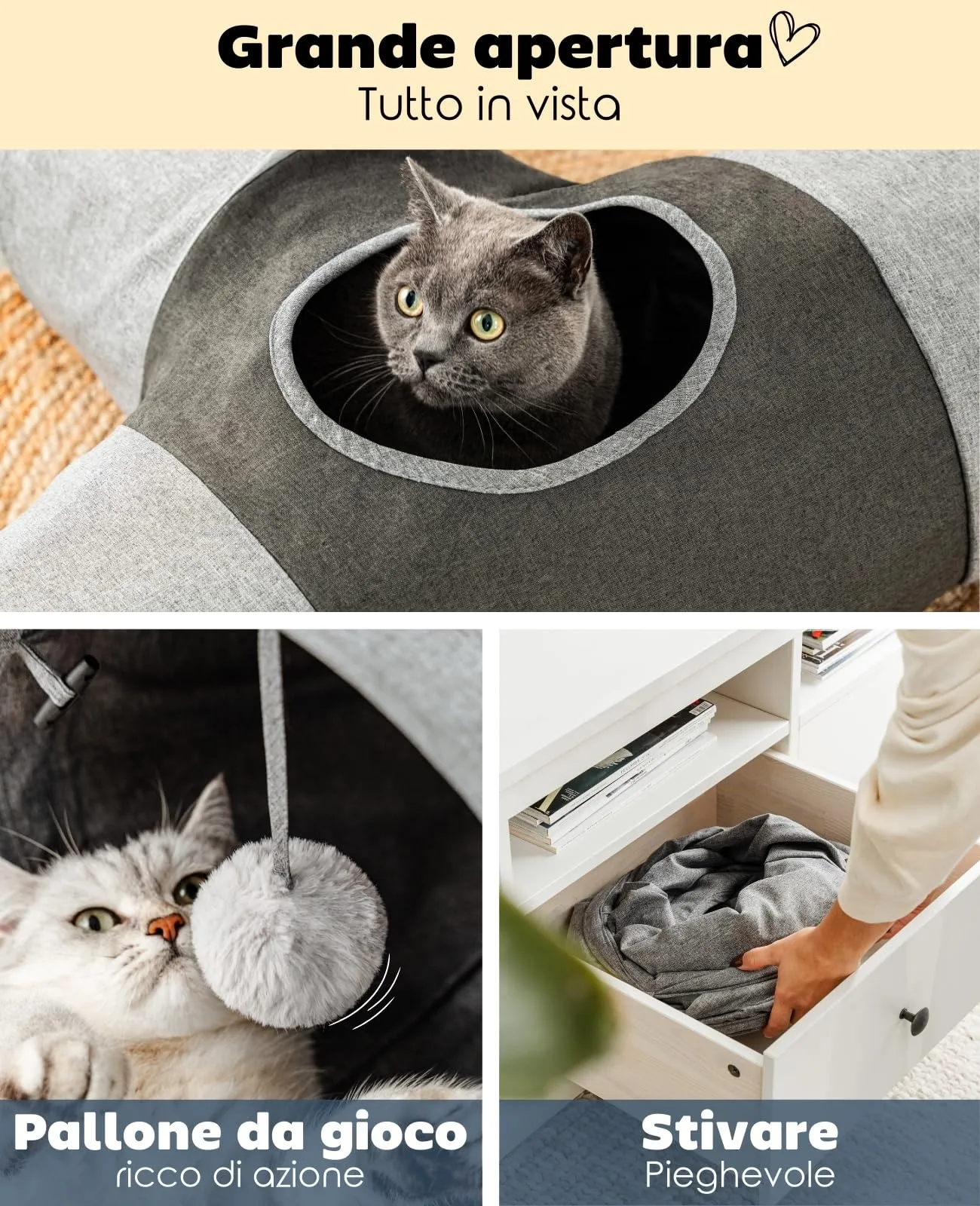 lionto Tunnel per gatti a 3 vie con palla da gioco, 30x120x80 cm, finto lino - immagine 3