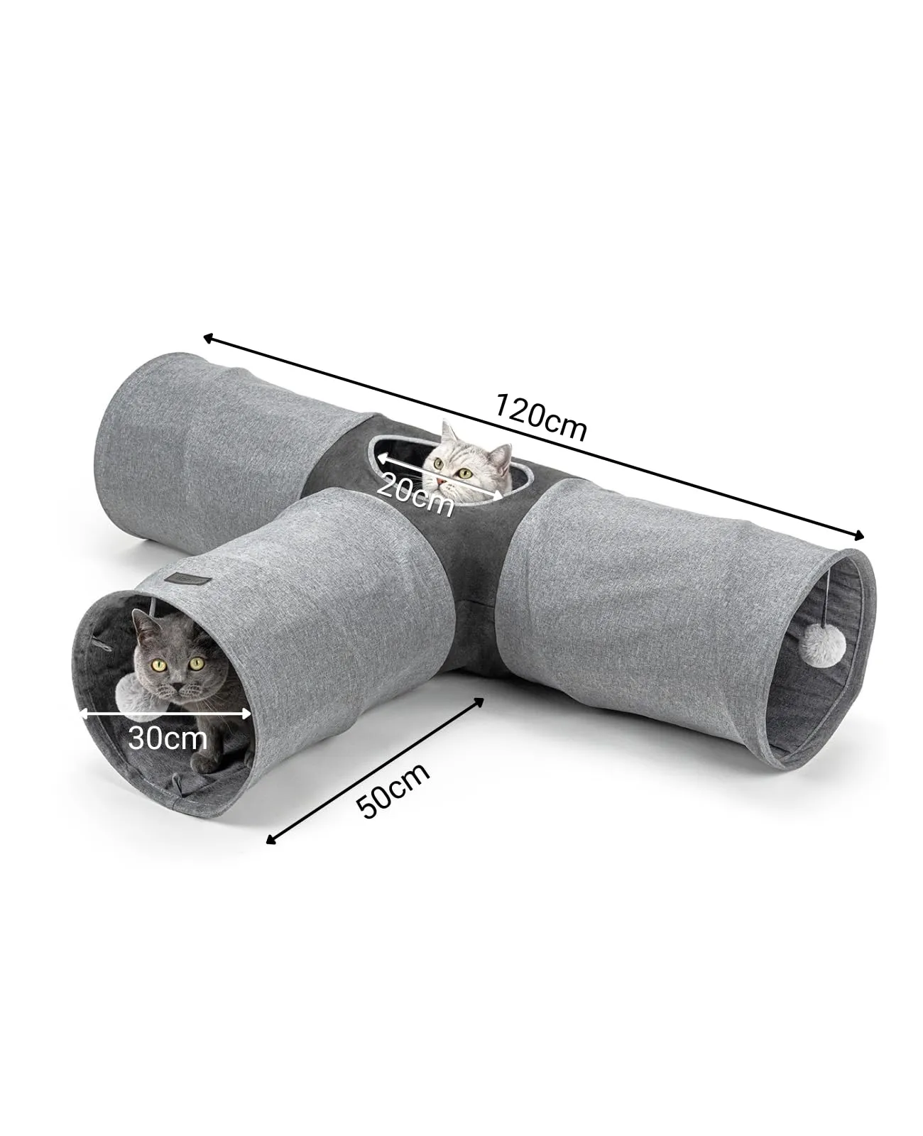 lionto Tunnel per gatti a 3 vie con palla da gioco, 30x120x80 cm, finto lino - immagine 5