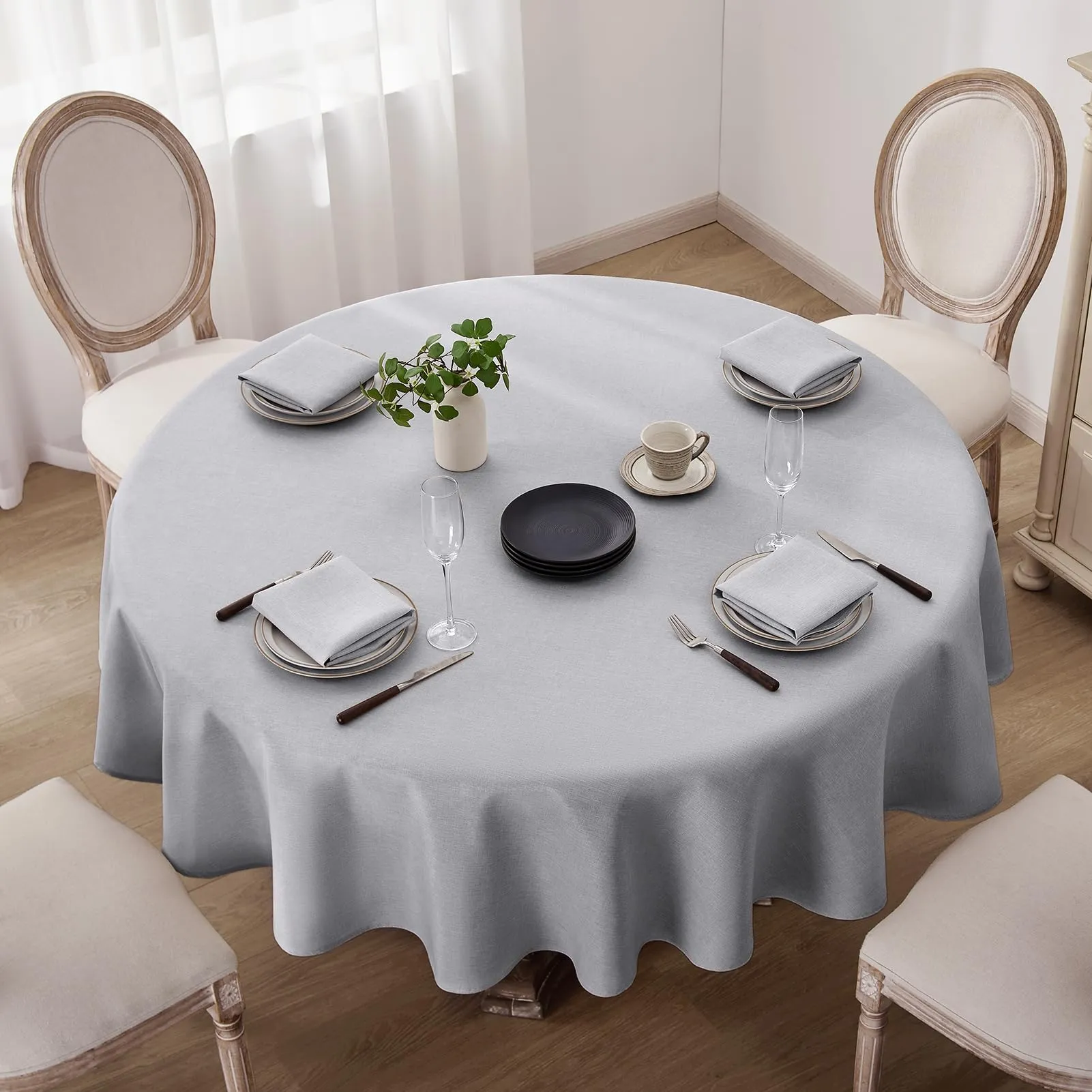 Softalker Tovaglia Rotonda in Finto Lino, 140 cm, Grigio, Antimacchia e Idrorepellente - immagine 2