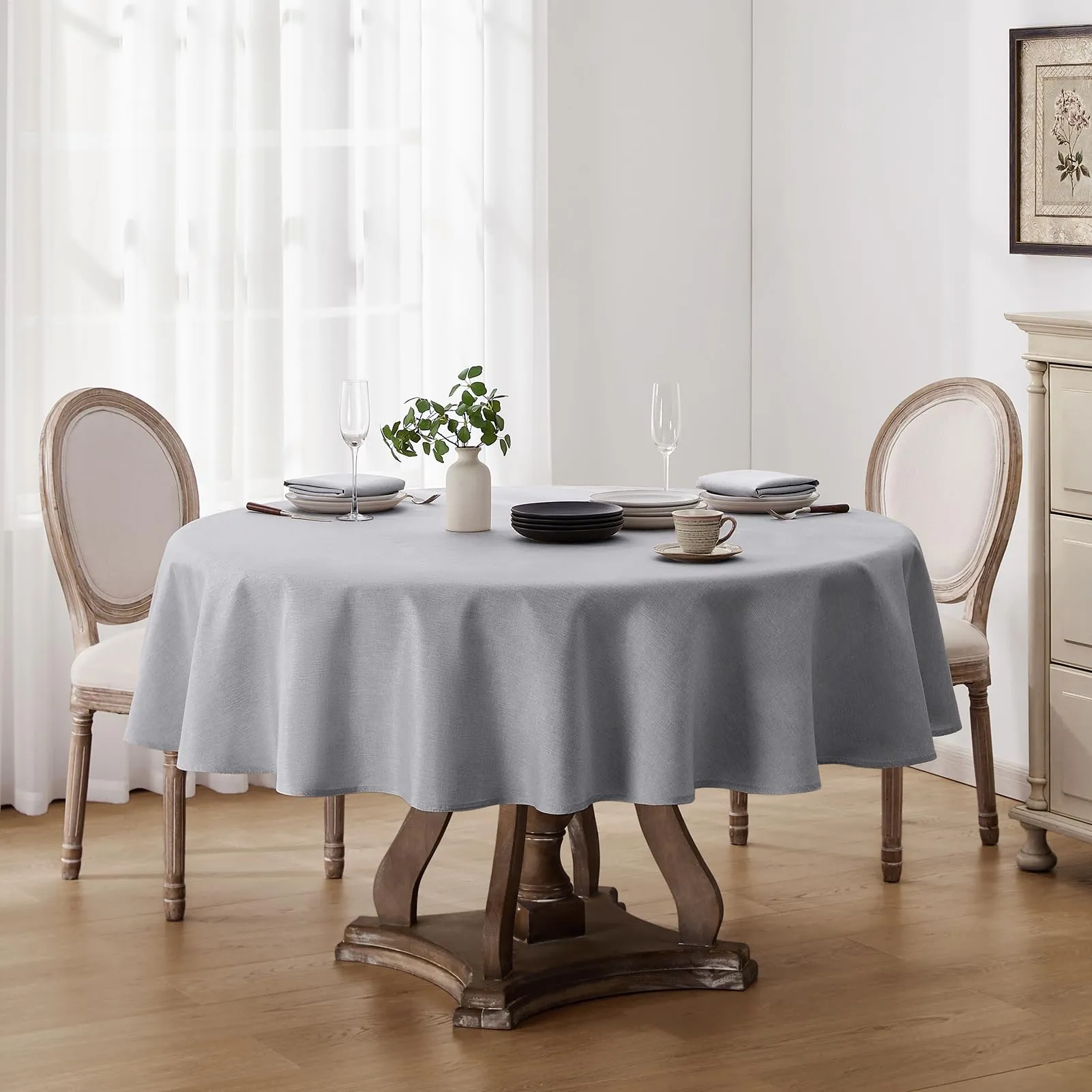 Softalker Tovaglia Rotonda in Finto Lino, 140 cm, Grigio, Antimacchia e Idrorepellente - immagine 5