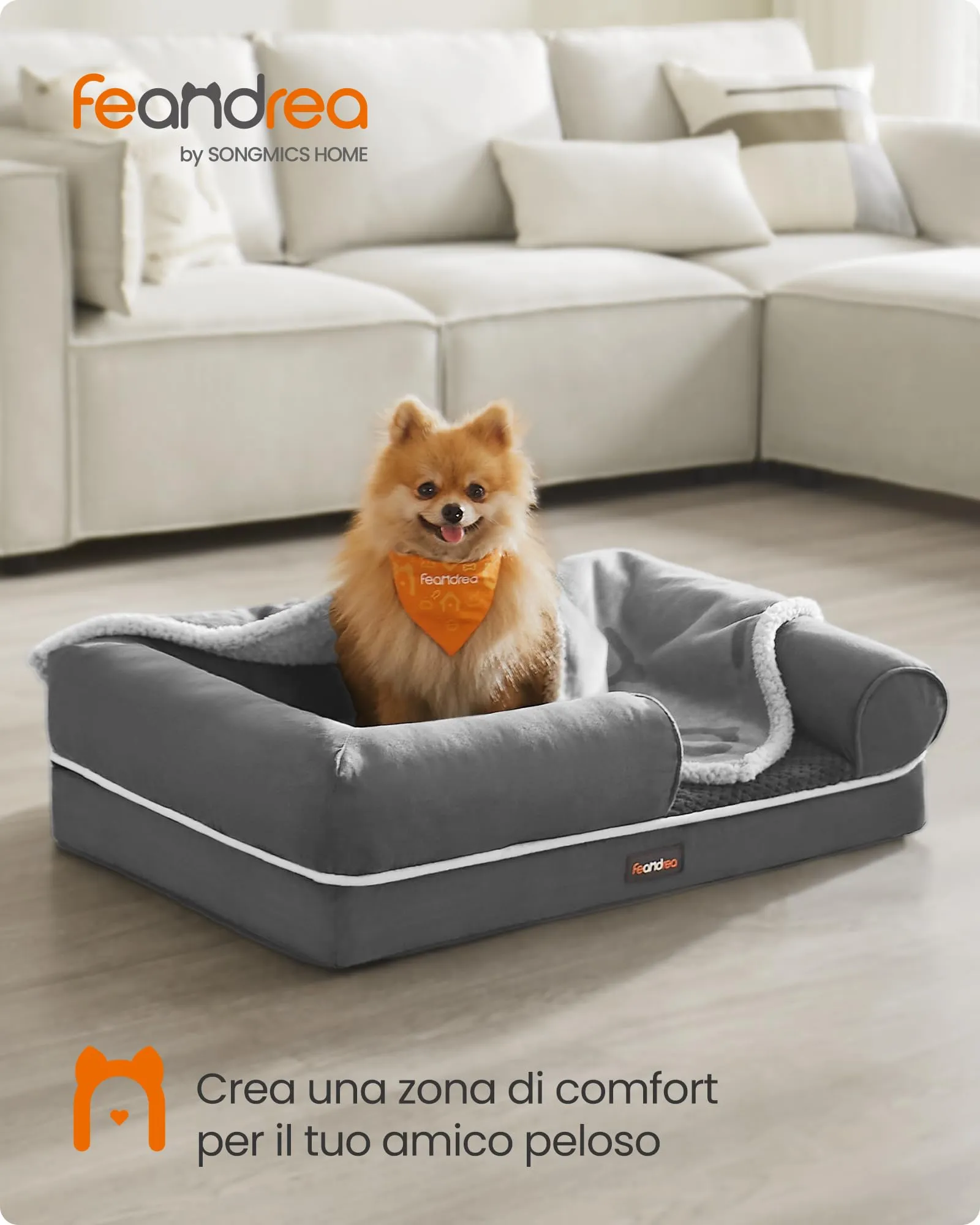 Feandrea Cuccia per Cani Ortopedica, Letto Divano con Bordi Rialzati e Fondo Antiscivolo, 76 x 51 x 18 cm, Grigio Chiaro PGW074G02 - immagine 2