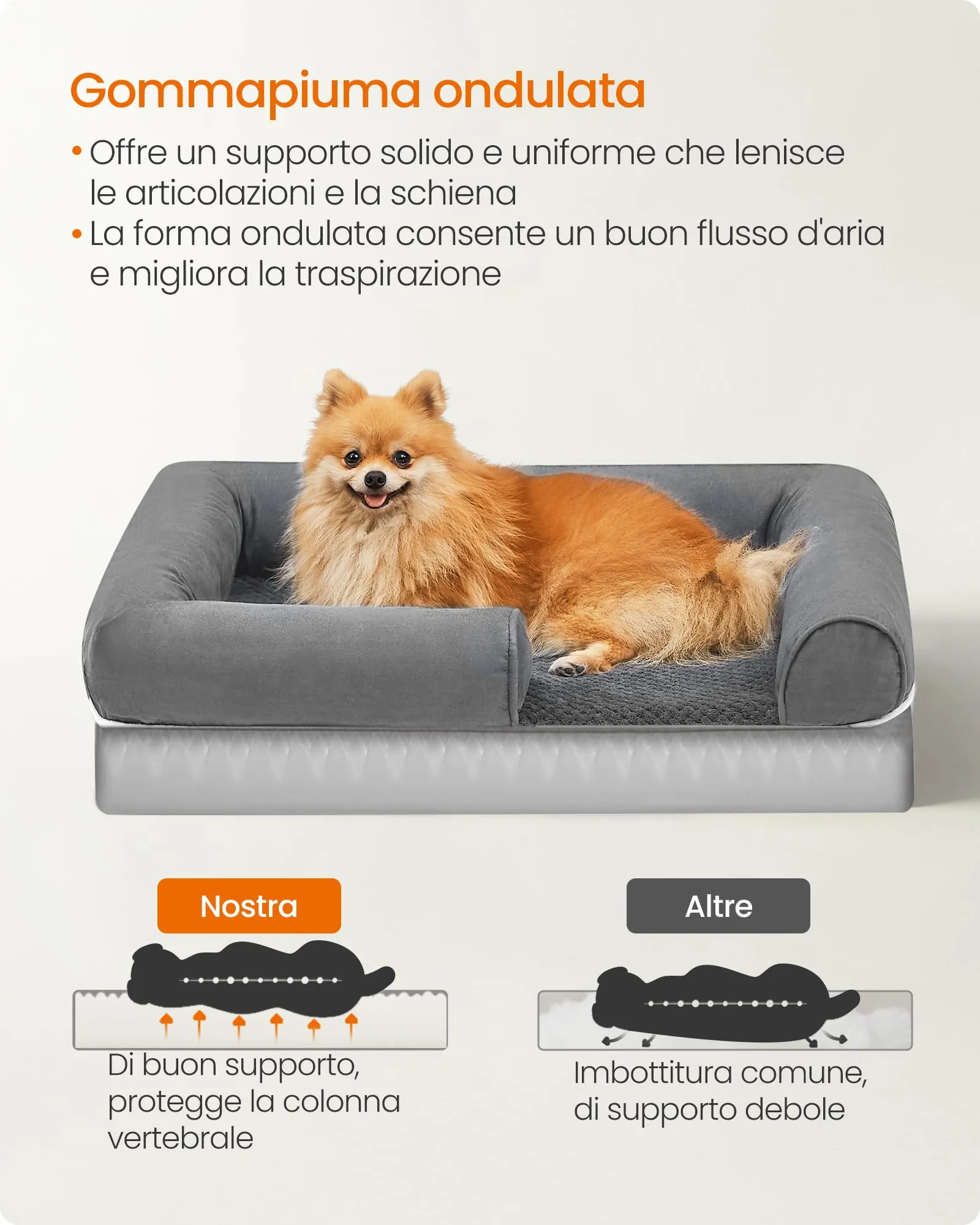 Feandrea Cuccia per Cani Ortopedica, Letto Divano con Bordi Rialzati e Fondo Antiscivolo, 76 x 51 x 18 cm, Grigio Chiaro PGW074G02 - immagine 3
