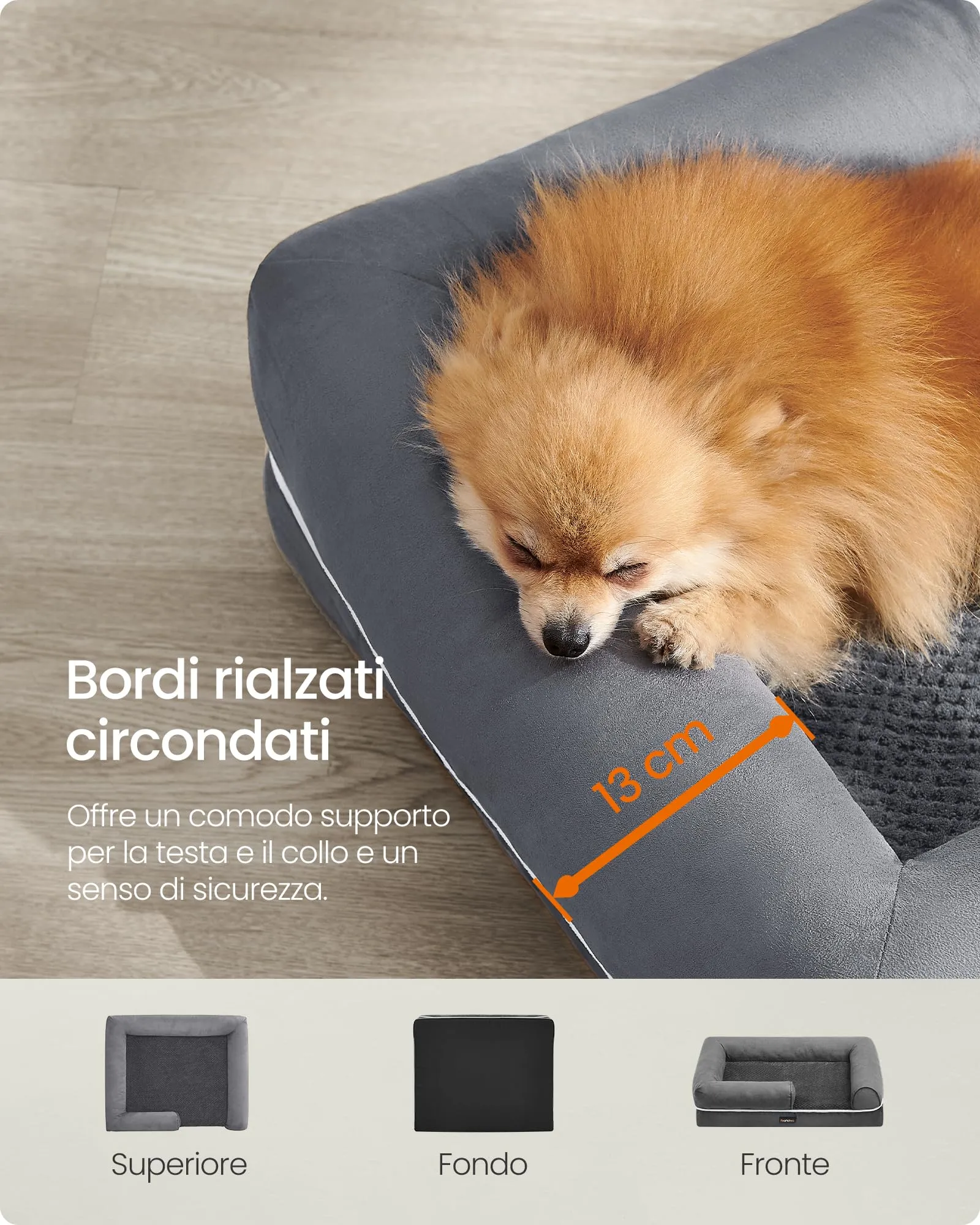 Feandrea Cuccia per Cani Ortopedica, Letto Divano con Bordi Rialzati e Fondo Antiscivolo, 76 x 51 x 18 cm, Grigio Chiaro PGW074G02 - immagine 4