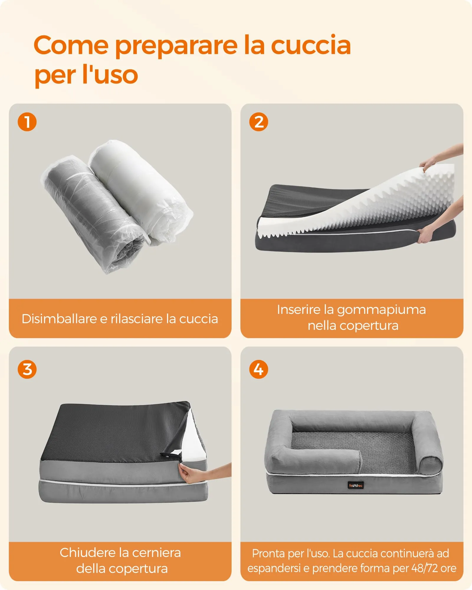Feandrea Cuccia per Cani Ortopedica, Letto Divano con Bordi Rialzati e Fondo Antiscivolo, 76 x 51 x 18 cm, Grigio Chiaro PGW074G02 - immagine 8