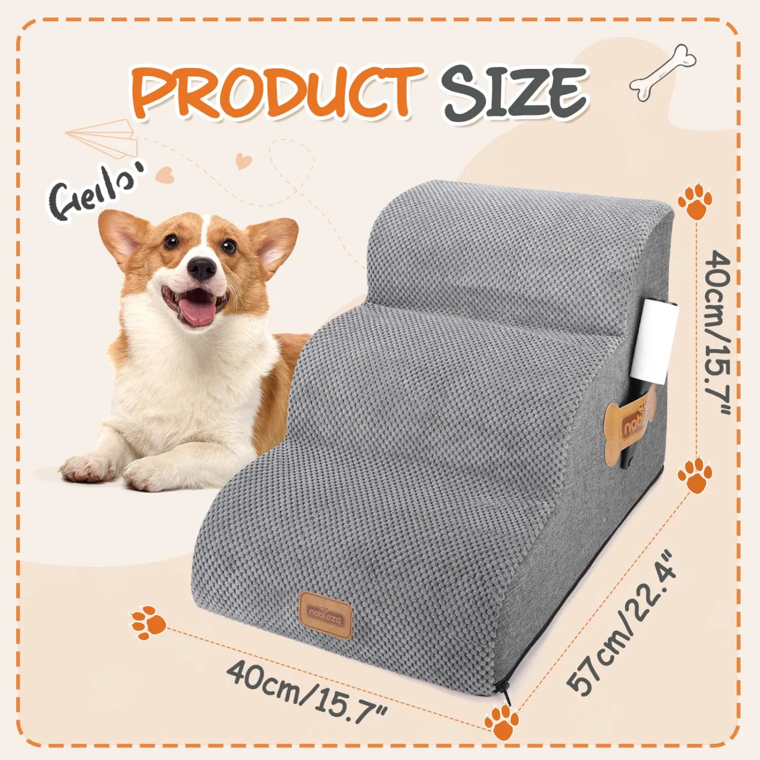 Nobleza Scaletta per Cani e Gatti, 3 Gradini, Rampa in Spugna con Rullo Antipelucchi, Grigio, 57x40x40cm - immagine 2