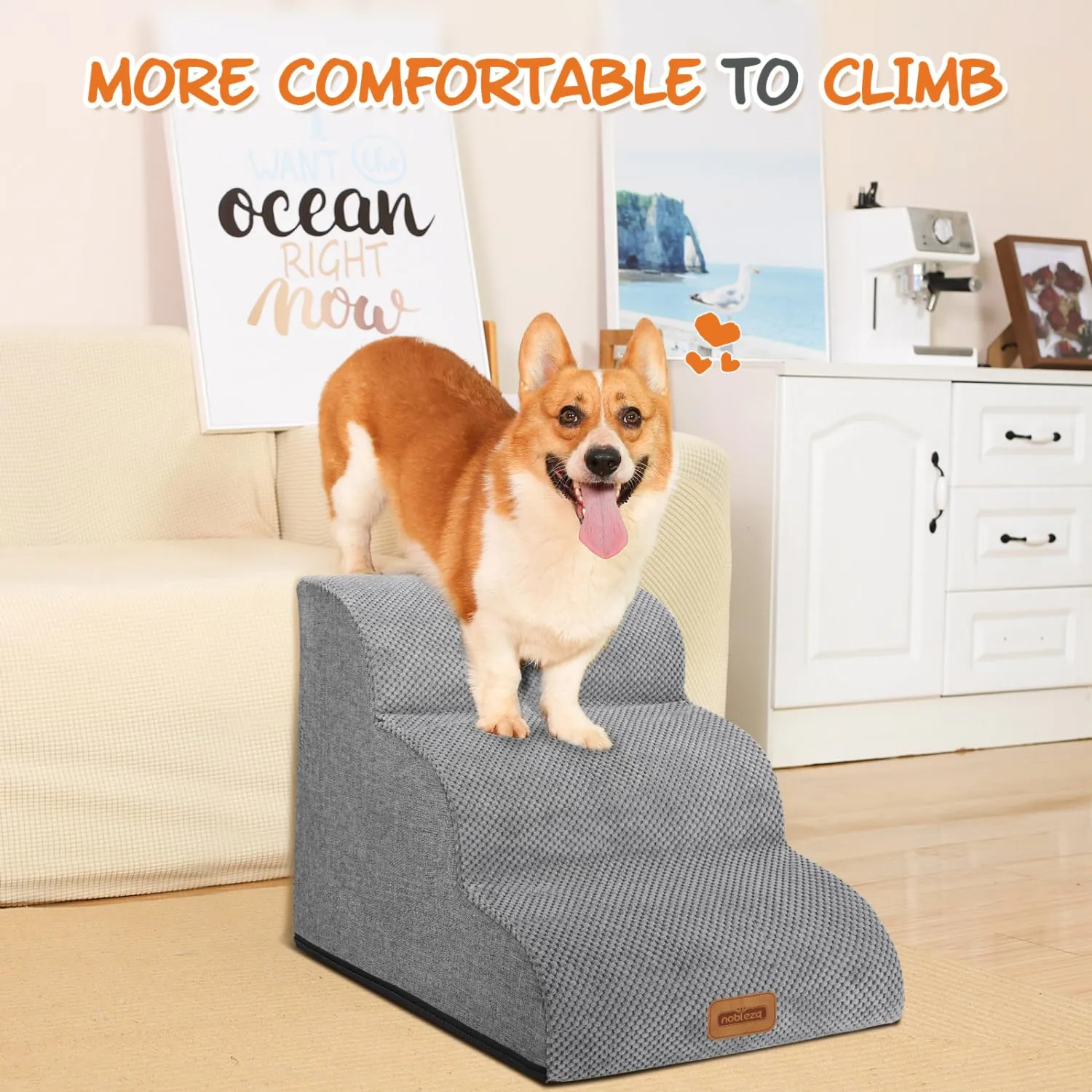 Nobleza Scaletta per Cani e Gatti, 3 Gradini, Rampa in Spugna con Rullo Antipelucchi, Grigio, 57x40x40cm - immagine 6