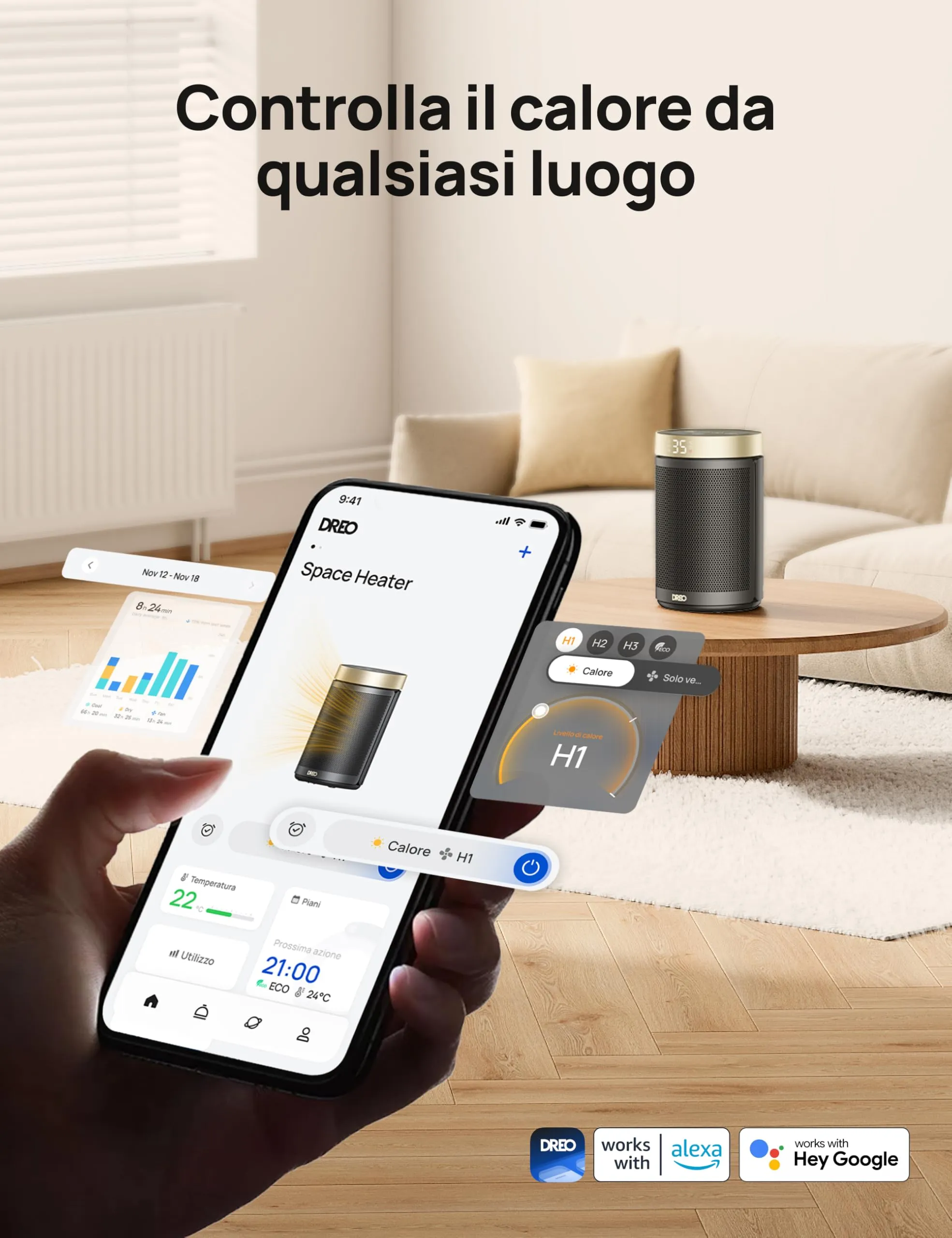 Stufa Elettrica Dreo 1500W con Termostato, 3 Modalità, Timer 12 Ore e Protezione Surriscaldamento/Ribaltamento - immagine 4