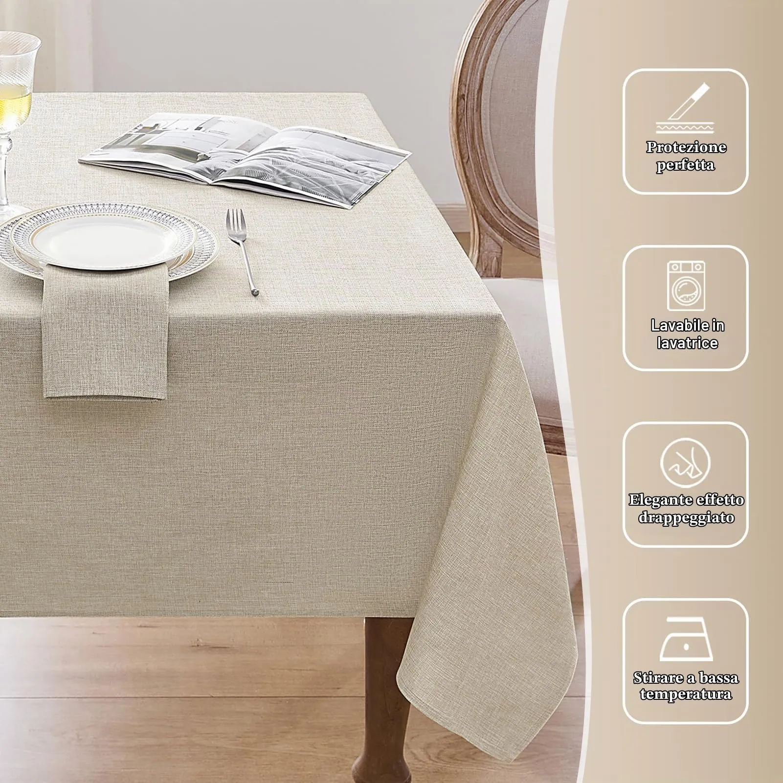Softalker Tovaglia in Finto Lino Antimacchia e Idrorepellente, 300 x 150 cm, Beige - immagine 6
