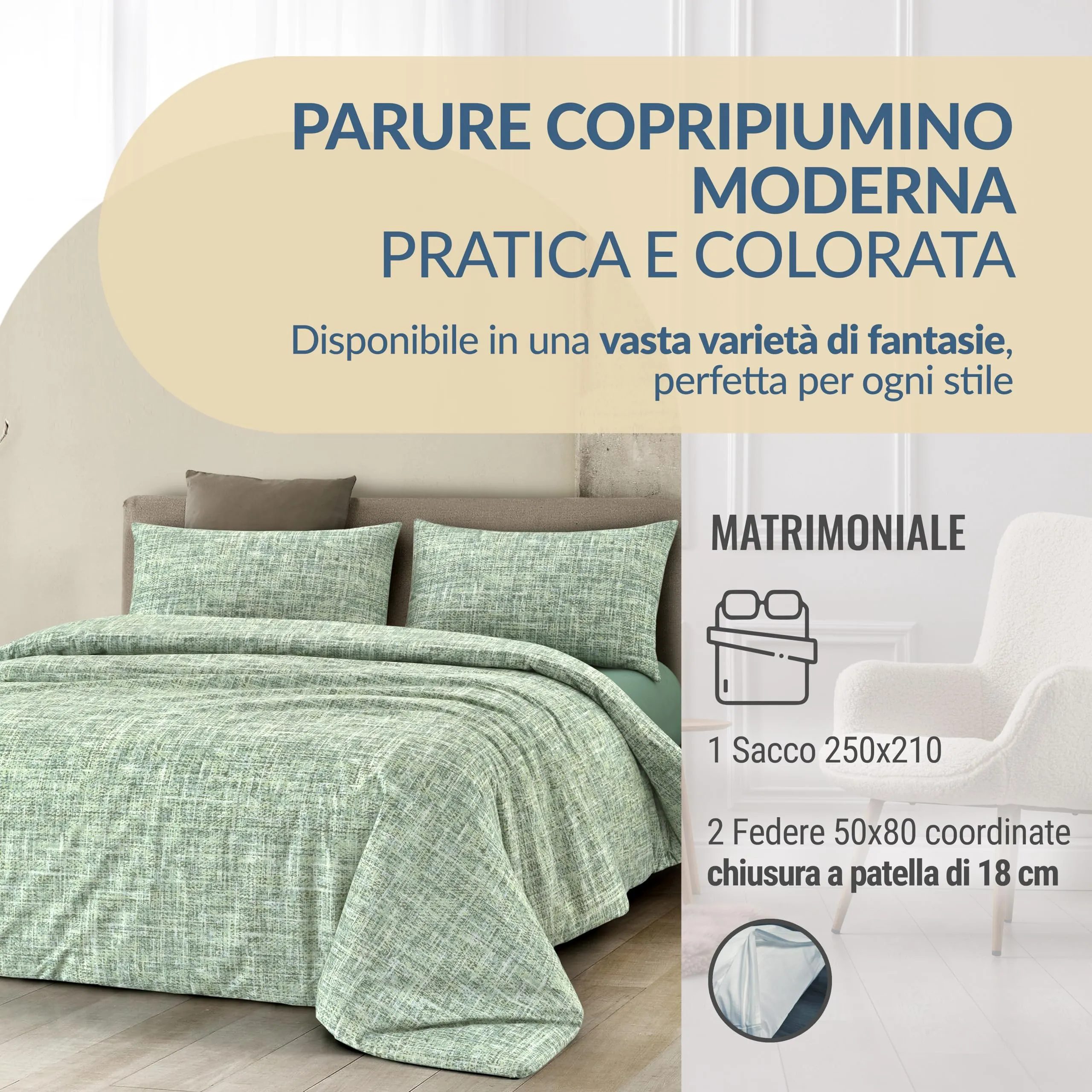 Dorian Home Copripiumino Matrimoniale in Cotone 250x210 cm con 2 Federe, Canva Verde - immagine 2