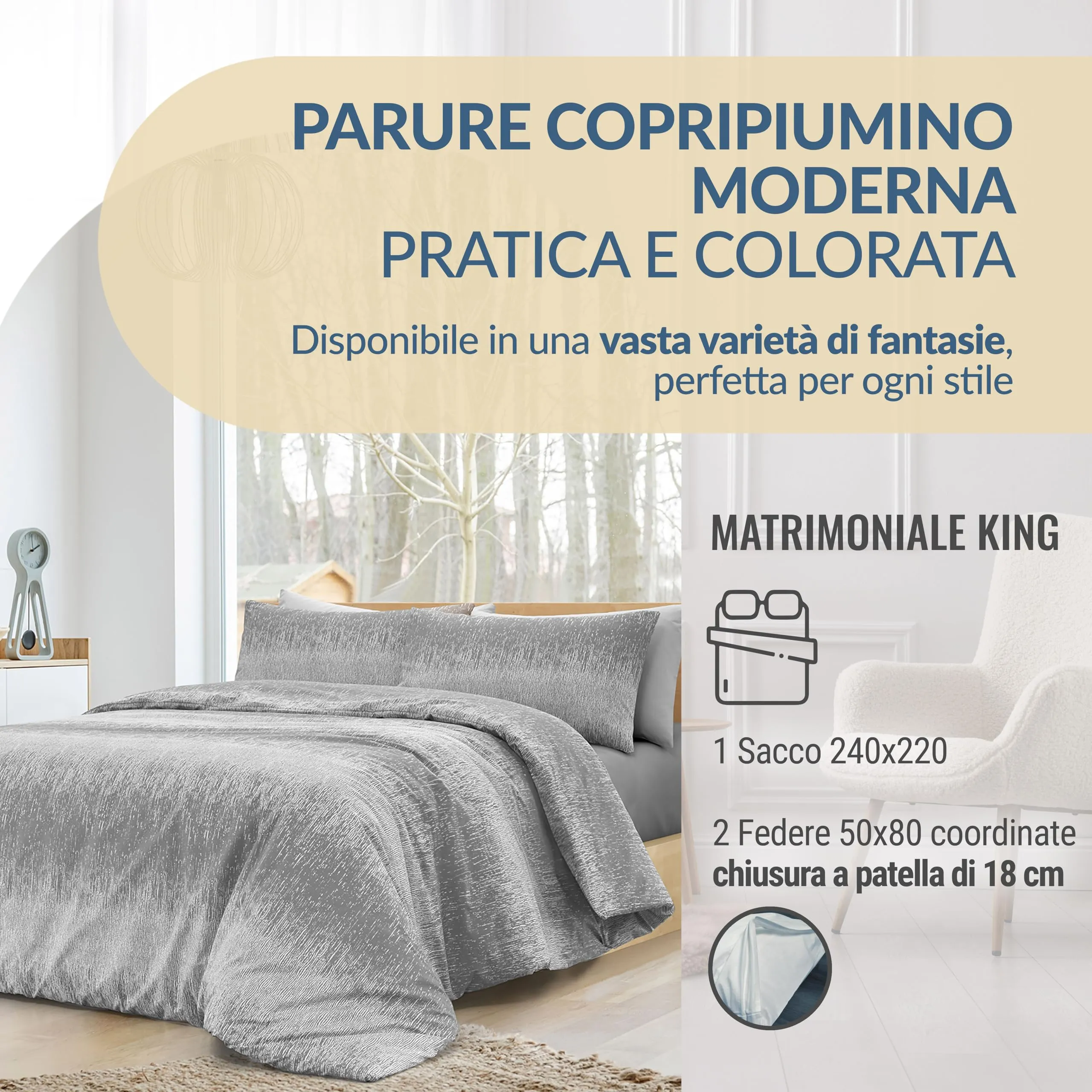 Dorian Home Copripiumino Matrimoniale in Cotone 240x220 cm con 2 Federe, Grigio - immagine 2