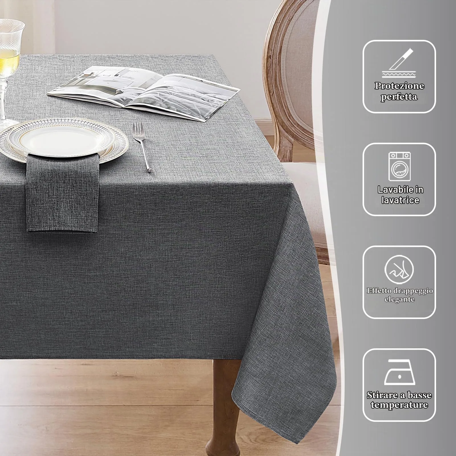 Softalker Tovaglia Rettangolare in Finto Lino, 150 x 300 cm, Grigio, Antimacchia e Idrorepellente - immagine 5