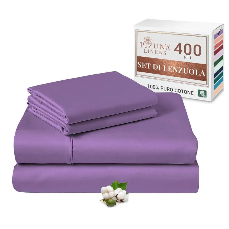 Pizuna Linens Set Lenzuola Letto Matrimoniale in Cotone 400 Fili, 140x200 cm, Viola, 4 Pezzi - immagine 1