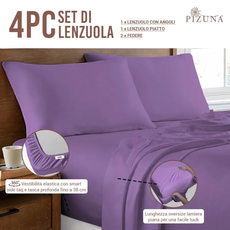 Pizuna Linens Set Lenzuola Letto Matrimoniale in Cotone 400 Fili, 140x200 cm, Viola, 4 Pezzi - immagine 3