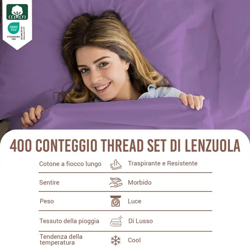 Pizuna Linens Set Lenzuola Letto Matrimoniale in Cotone 400 Fili, 140x200 cm, Viola, 4 Pezzi - immagine 4