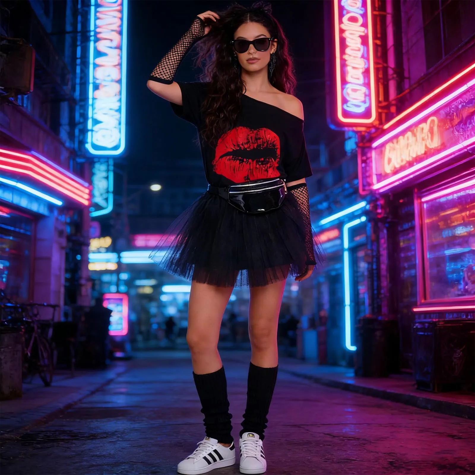 DAZZTIME Set Accessori Anni 80 Donna - Costume Discotecca con T-shirt, Gonna Tutù, Marsupio e Accessori - immagine 4