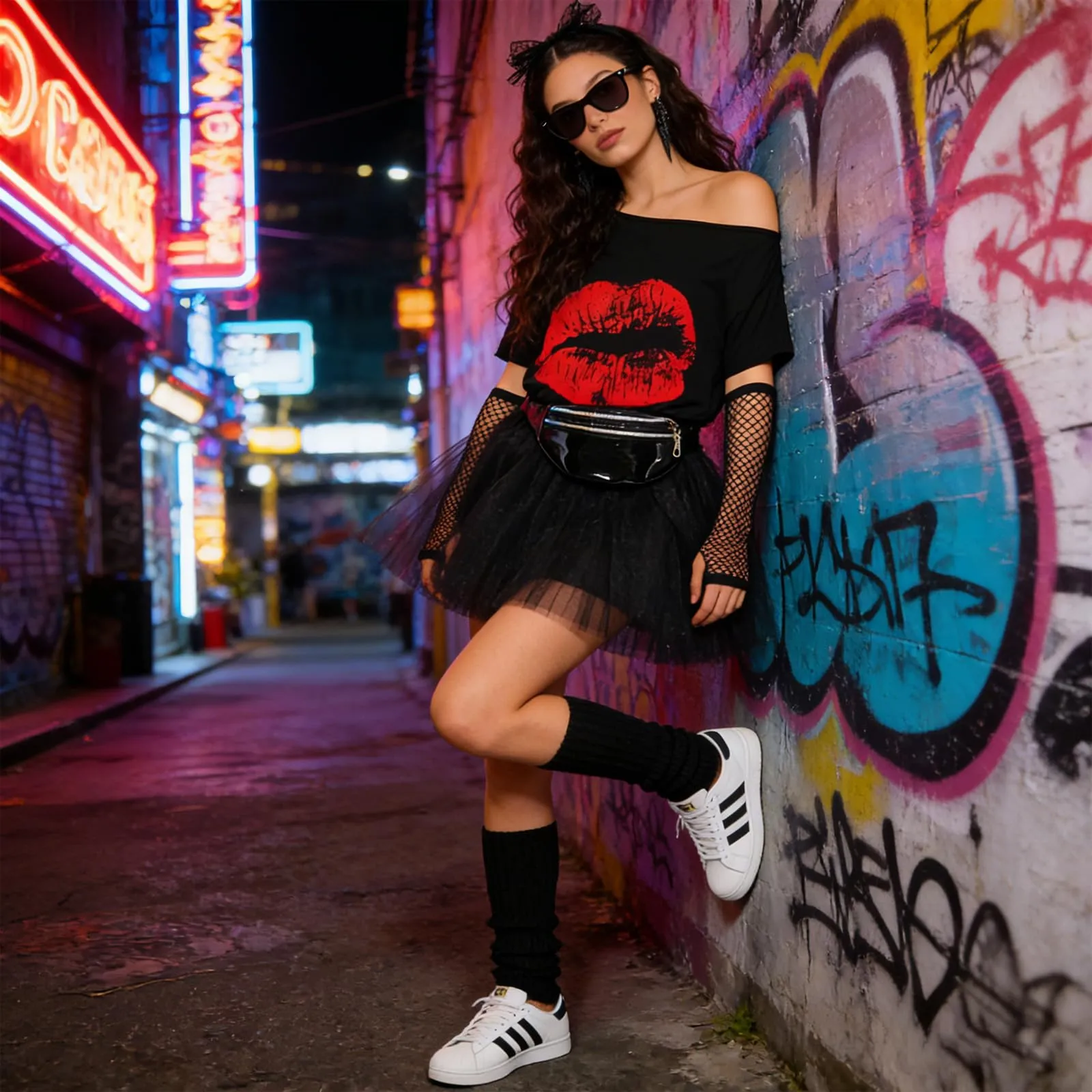 DAZZTIME Set Accessori Anni 80 Donna - Costume Discotecca con T-shirt, Gonna Tutù, Marsupio e Accessori - immagine 6