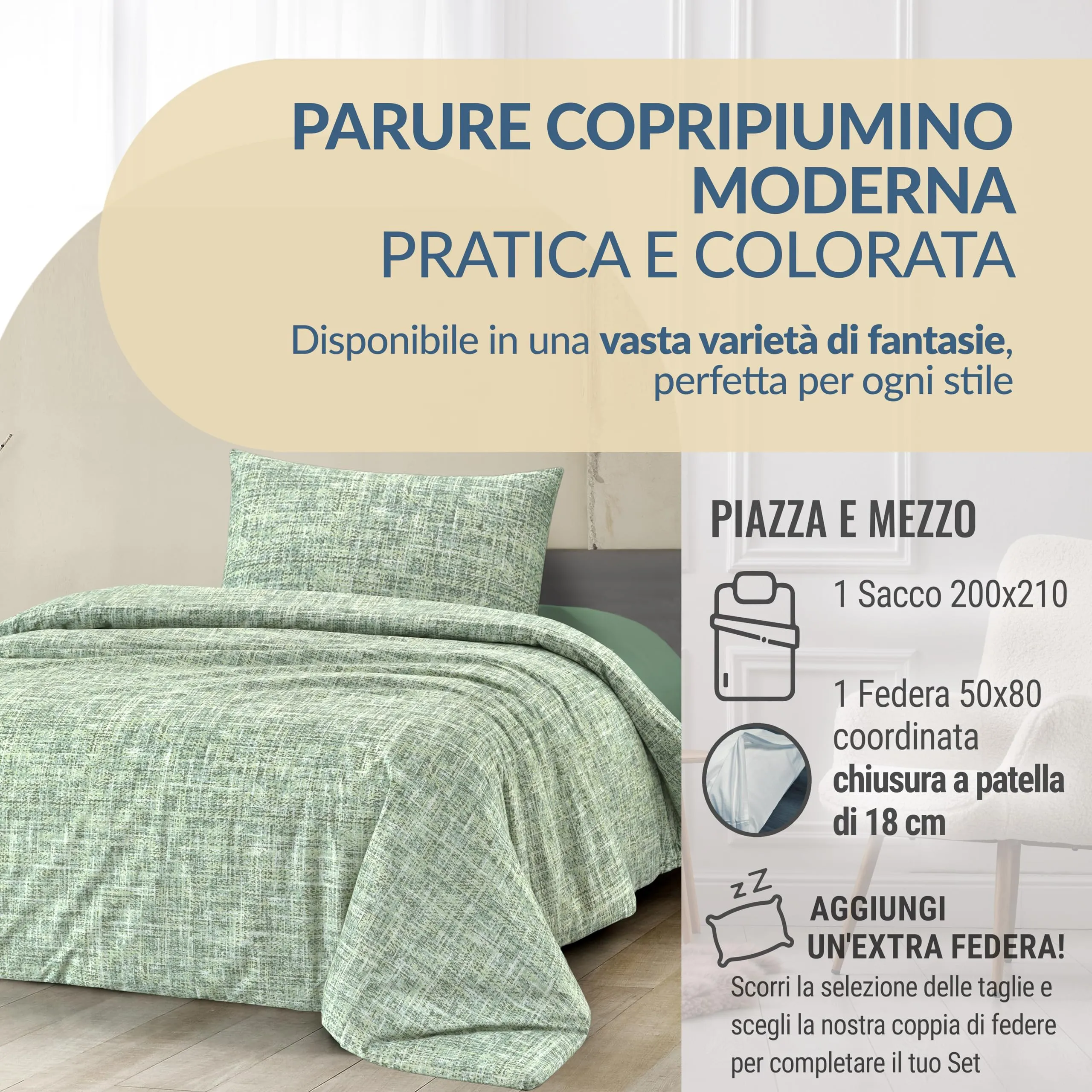 Dorian Home Set Copripiumino Una Piazza e Mezza in Cotone 200x210 cm con Federa - immagine 2