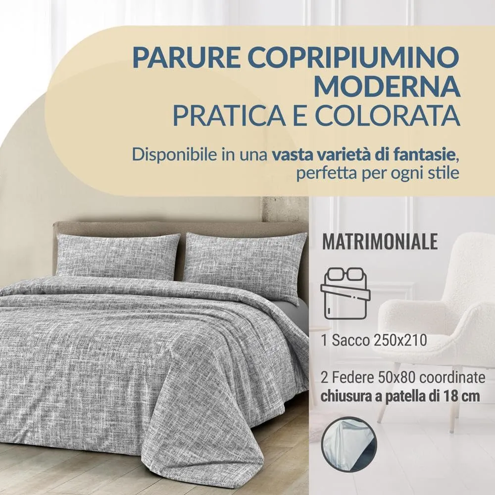 Dorian Home Copripiumino Matrimoniale in Cotone 250x210 cm con 2 Federe, Geometrico, Canva Grigio - immagine 2