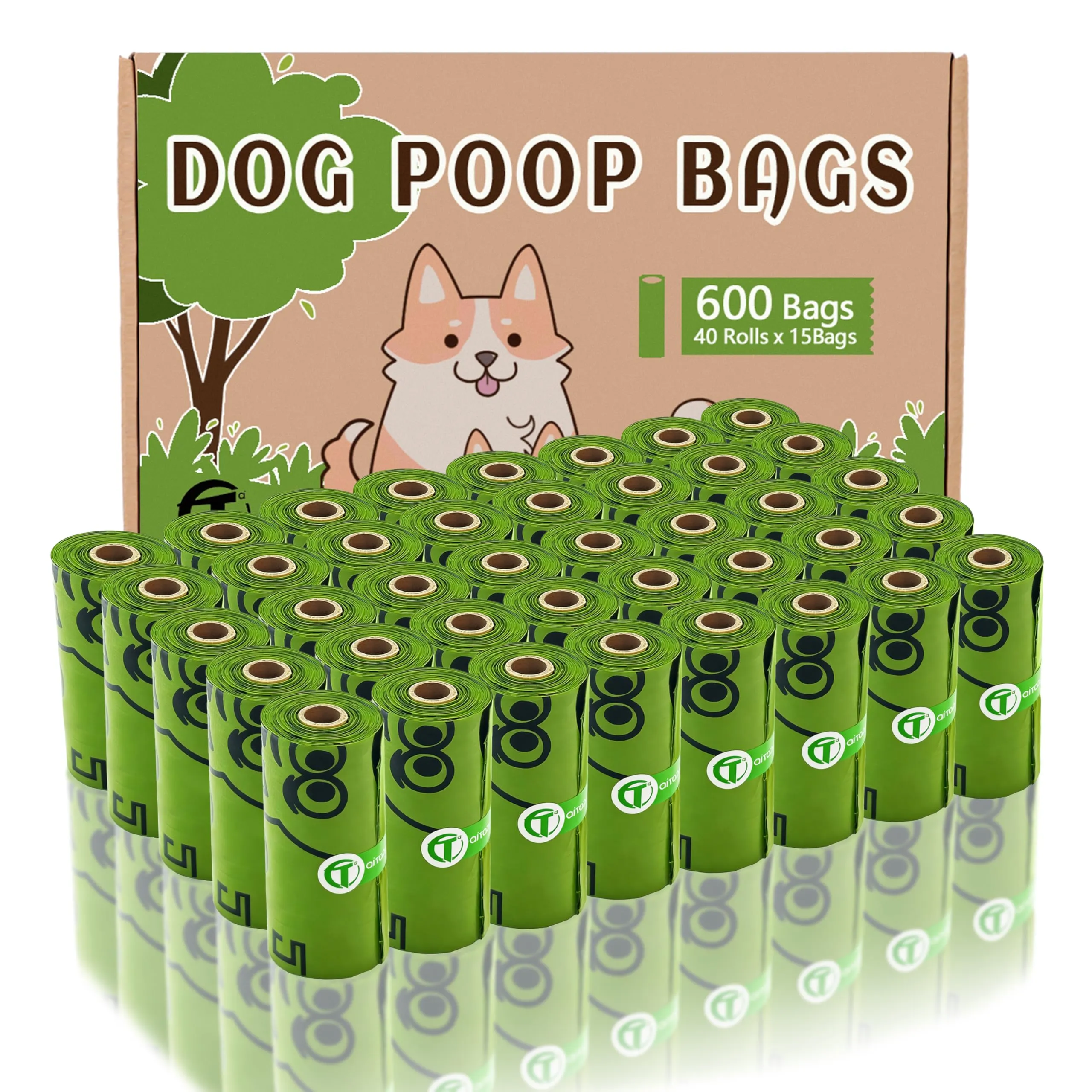 AiTodos Sacchetti per Cacca di Cane, 600 Pezzi, 31x22 cm, PE, Verde, 40 Rotoli x 15 - immagine 1