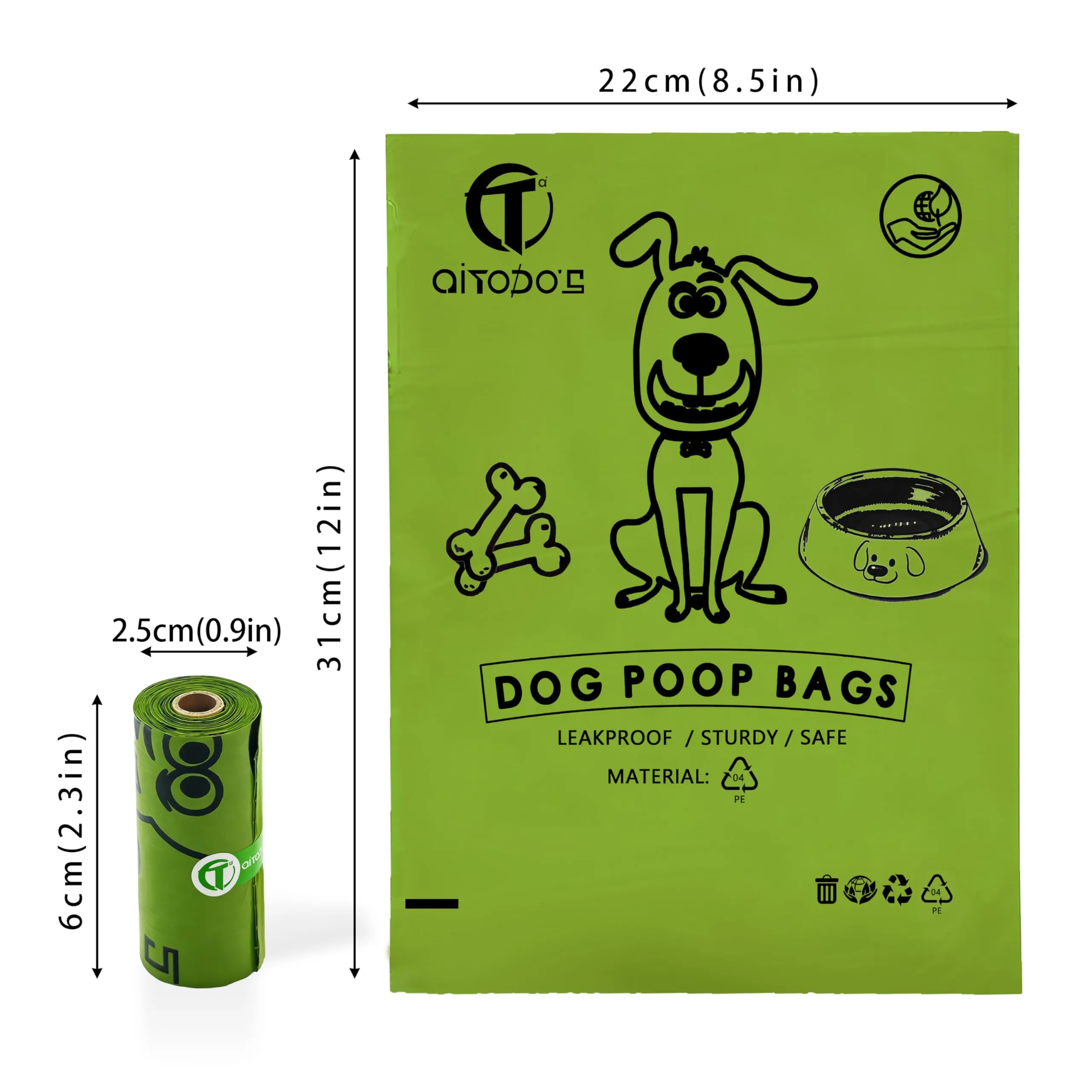 AiTodos Sacchetti per Cacca di Cane, 600 Pezzi, 31x22 cm, PE, Verde, 40 Rotoli x 15 - immagine 2