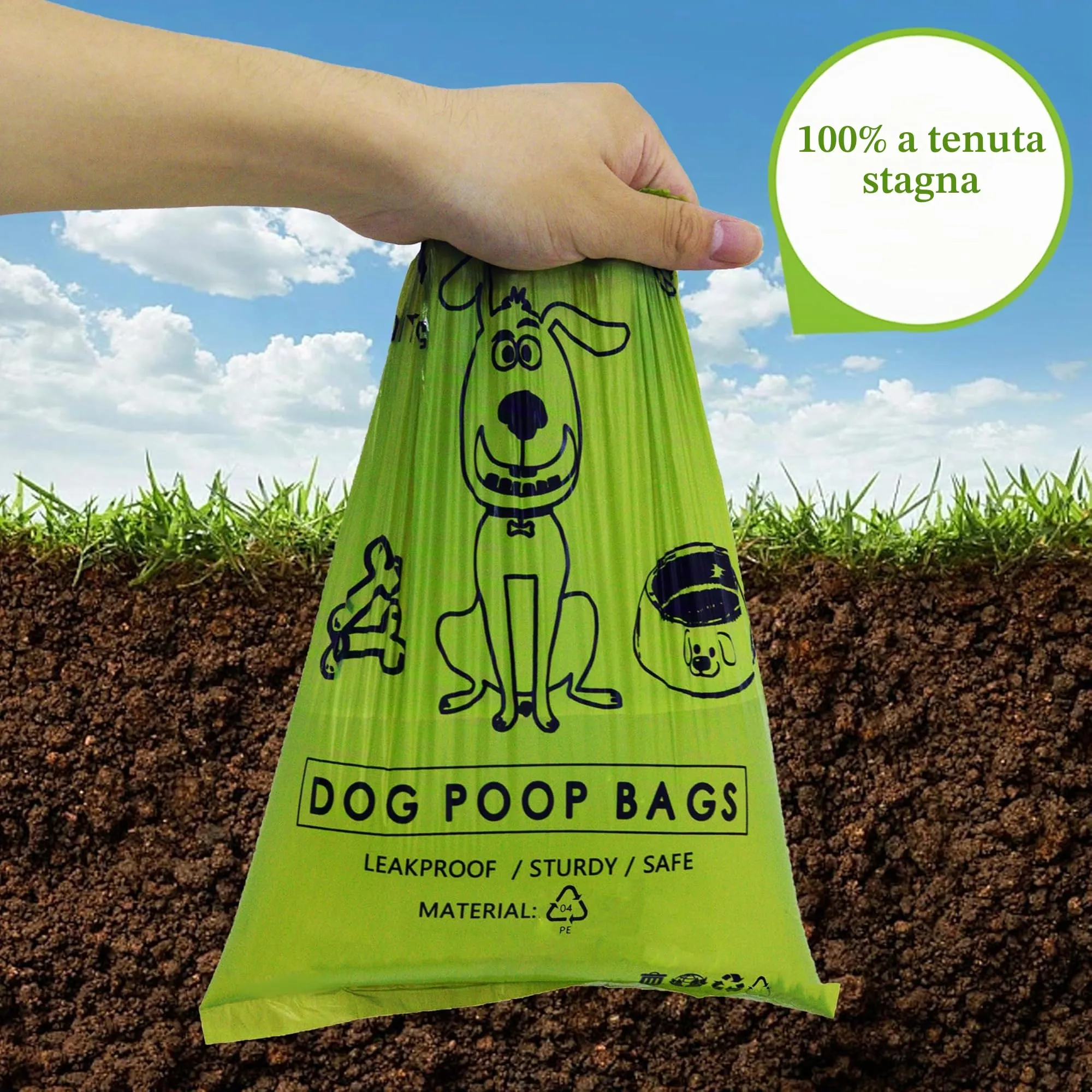 AiTodos Sacchetti per Cacca di Cane, 600 Pezzi, 31x22 cm, PE, Verde, 40 Rotoli x 15 - immagine 5