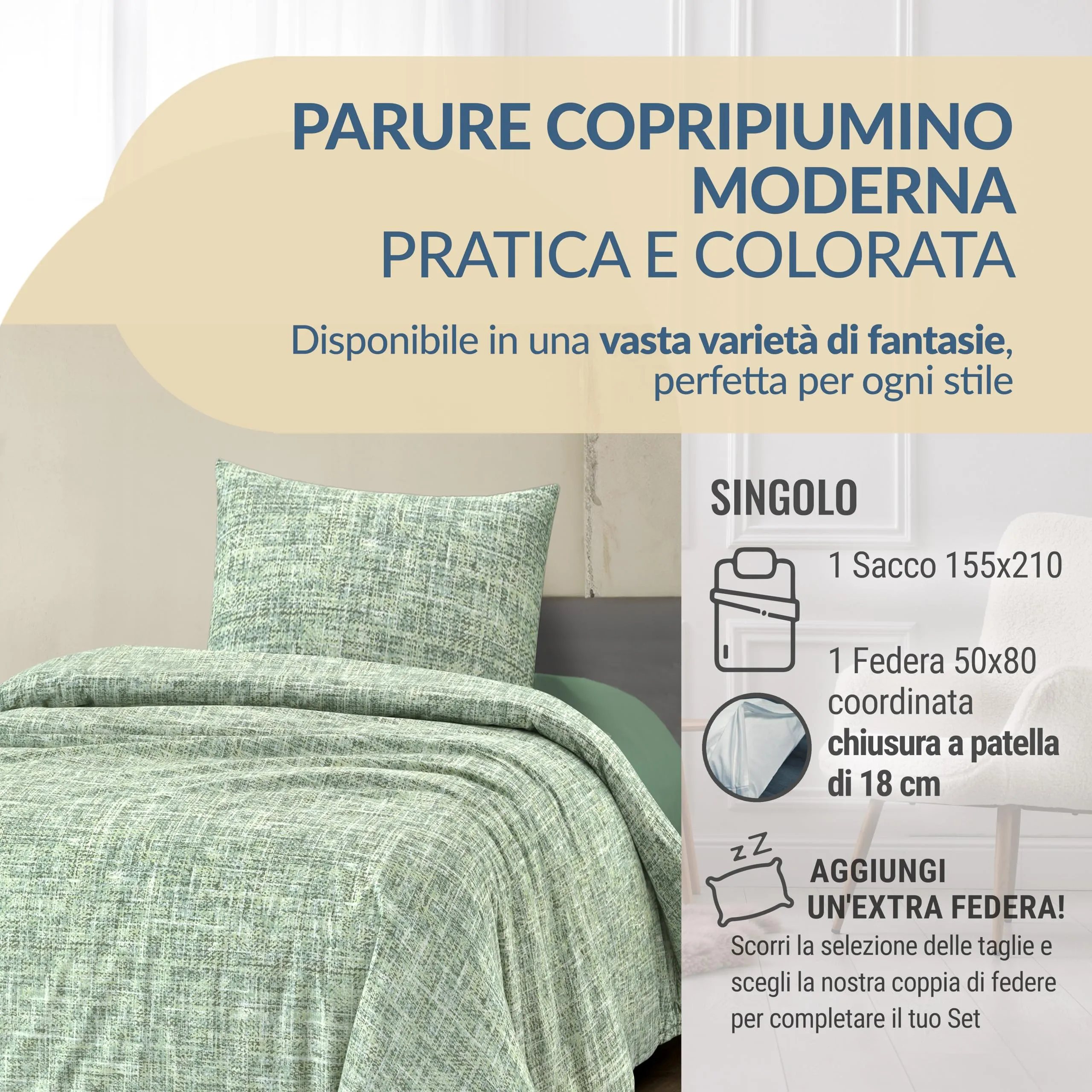 Dorian Home Copripiumino Singolo in Cotone 155x210 cm con Federa - Canva Verde - immagine 2