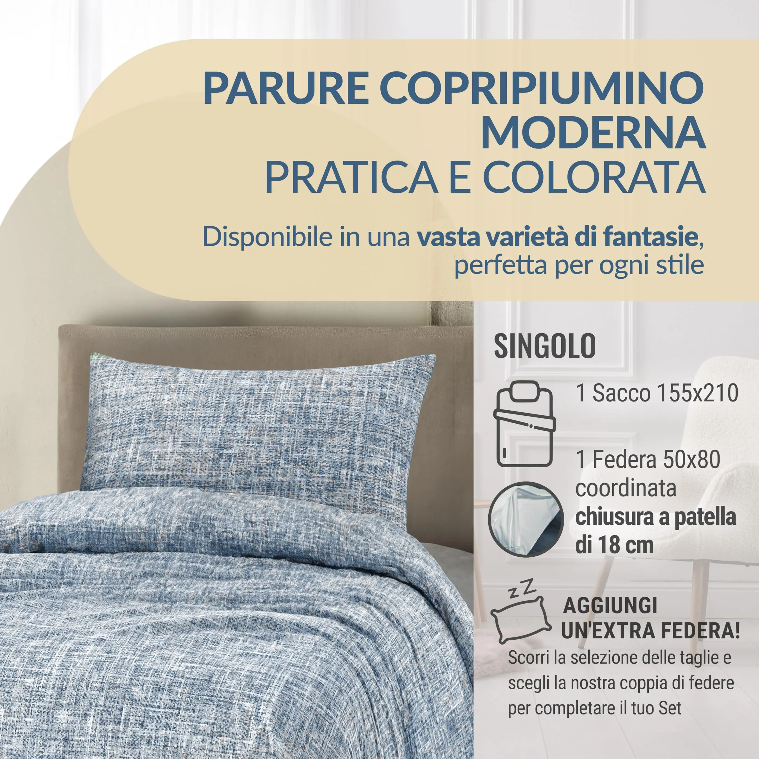 Dorian Home Copripiumino Singolo in Cotone 155x210 cm con Federa, Canva Blu - immagine 3