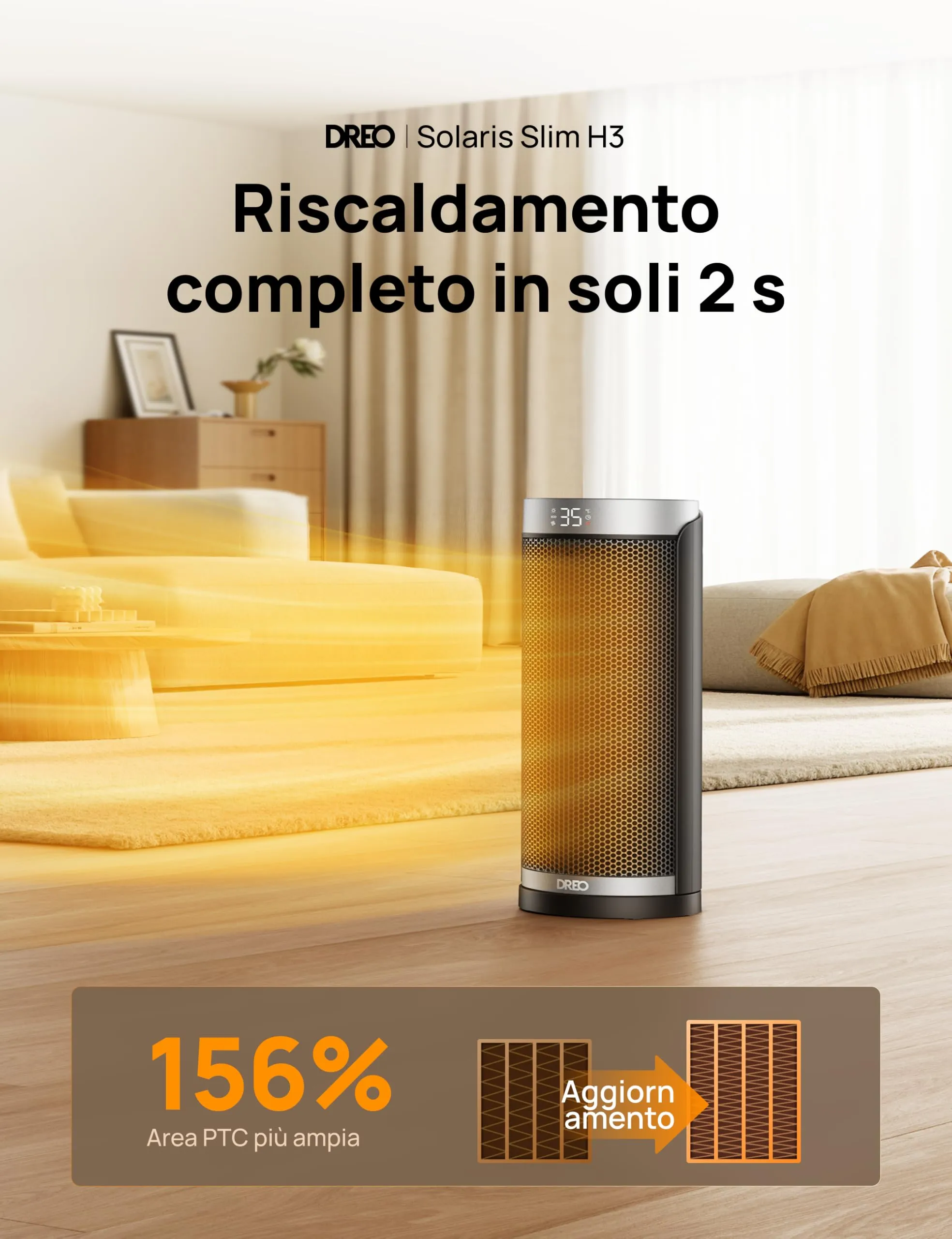 Dreo Solaris Slim H3 Termoventilatore in Ceramica PTC, Stufa Elettrica Oscillante con Telecomando e Timer - immagine 2
