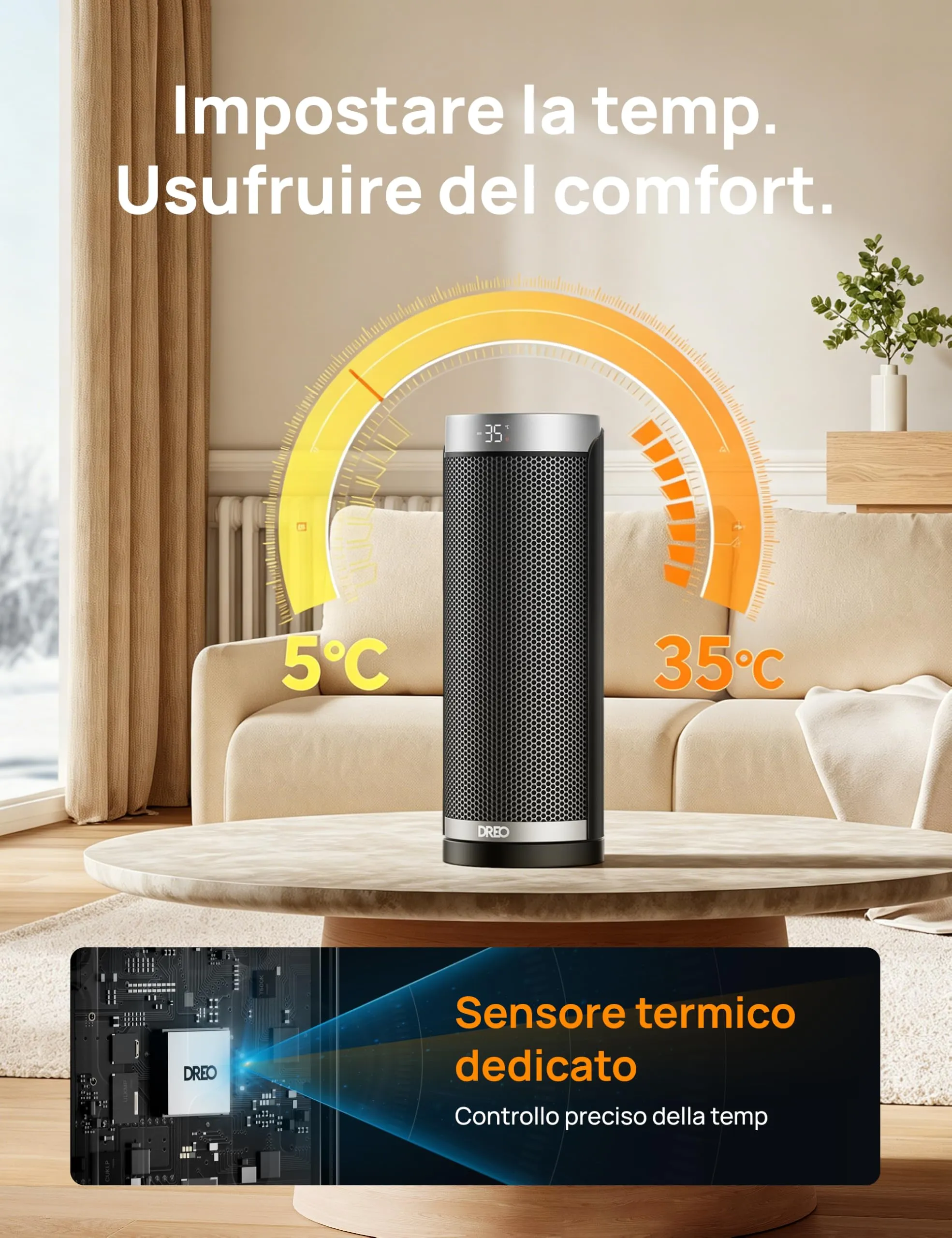 Dreo Solaris Slim H3 Termoventilatore in Ceramica PTC, Stufa Elettrica Oscillante con Telecomando e Timer - immagine 5