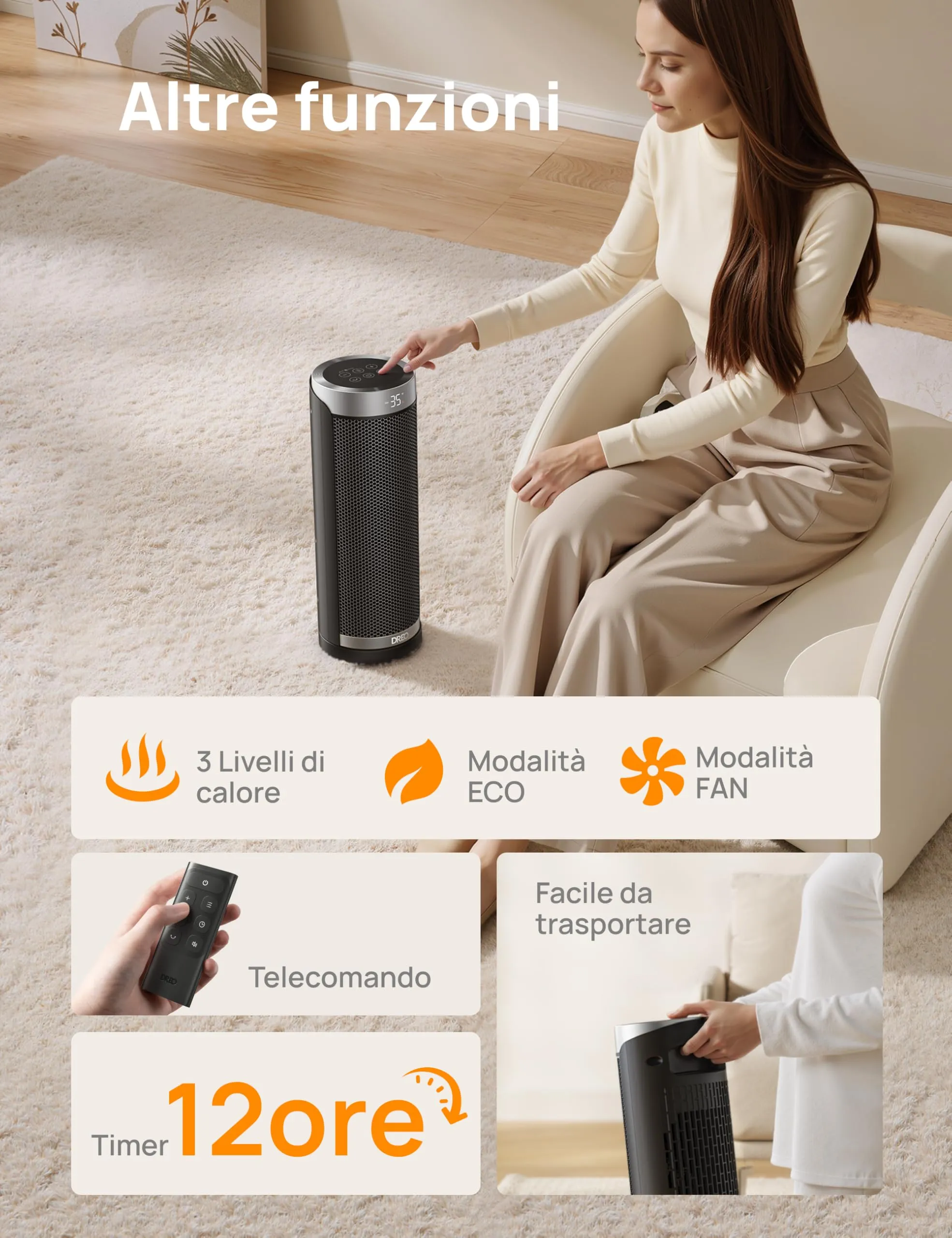 Dreo Solaris Slim H3 Termoventilatore in Ceramica PTC, Stufa Elettrica Oscillante con Telecomando e Timer - immagine 8