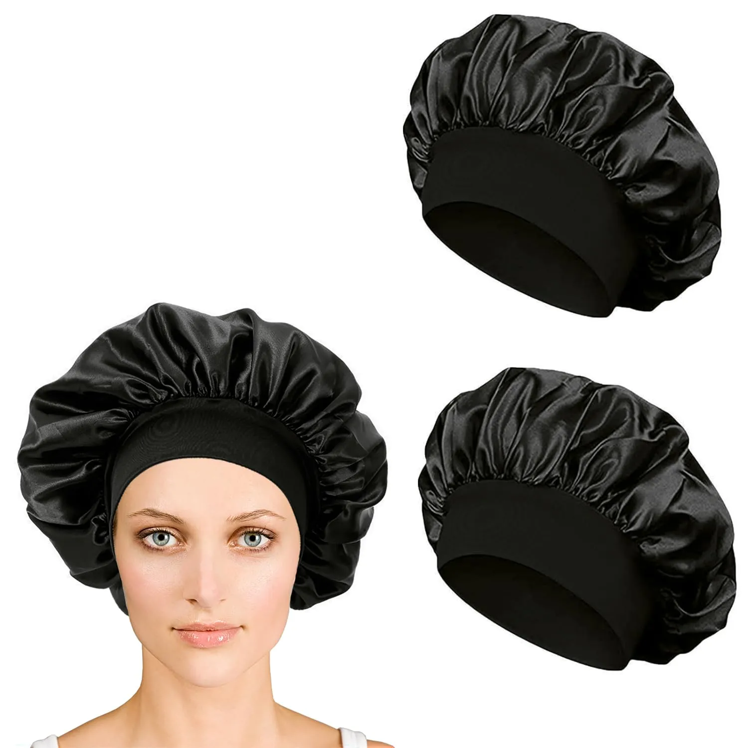 iLamvie Cuffia in Seta per Capelli Ricci, Berretto da Notte in Raso Elastico per Donna (2 Pezzi, Nero) - immagine 1