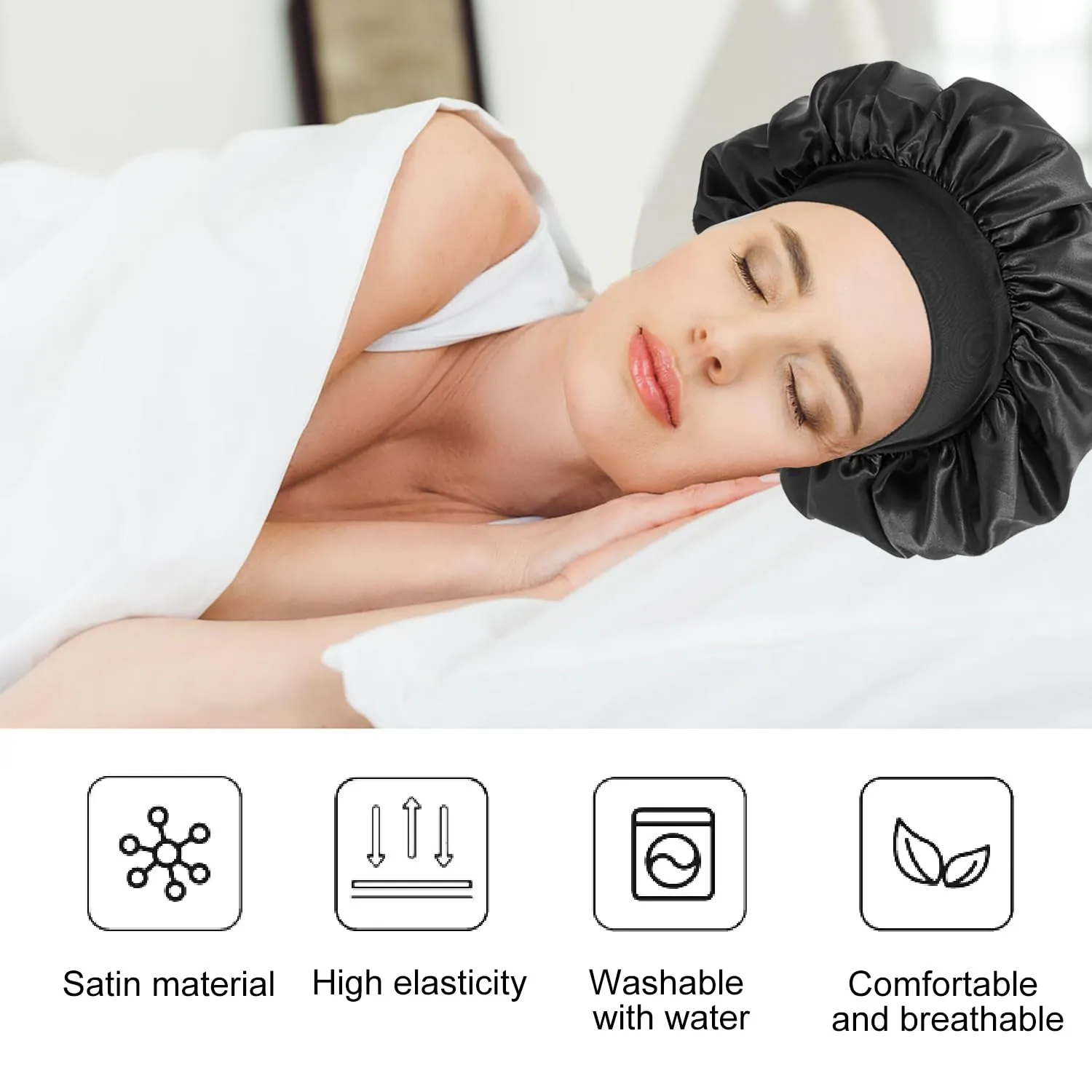 iLamvie Cuffia in Seta per Capelli Ricci, Berretto da Notte in Raso Elastico per Donna (2 Pezzi, Nero) - immagine 2